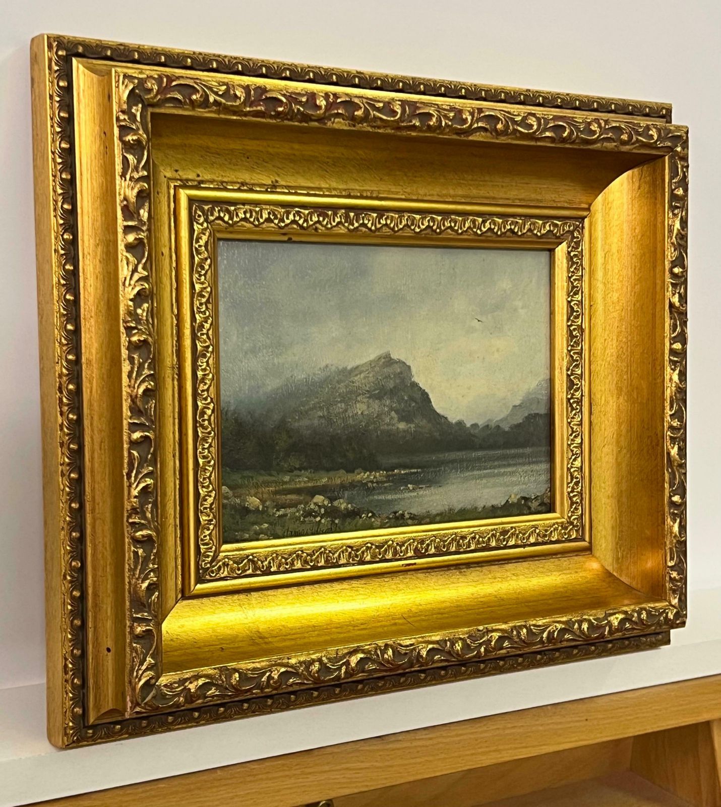James Wright Painting Of Lake & Mountains In England By 20th Century British Landscape Artist 1980 Circa photo furniture