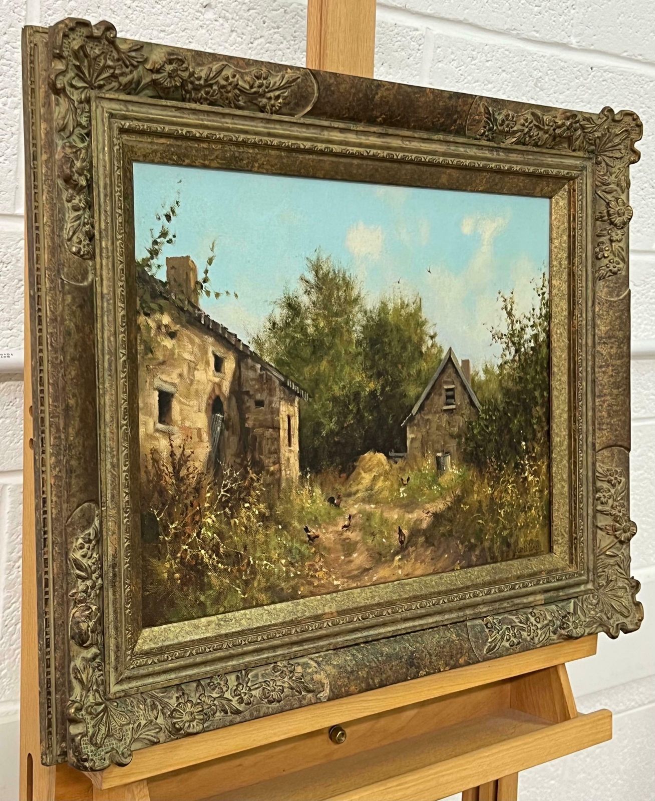 James Wright Rural Farm House Scene With Hens In English Countryside By 20th Century Artist 1985 Circa photo furniture
