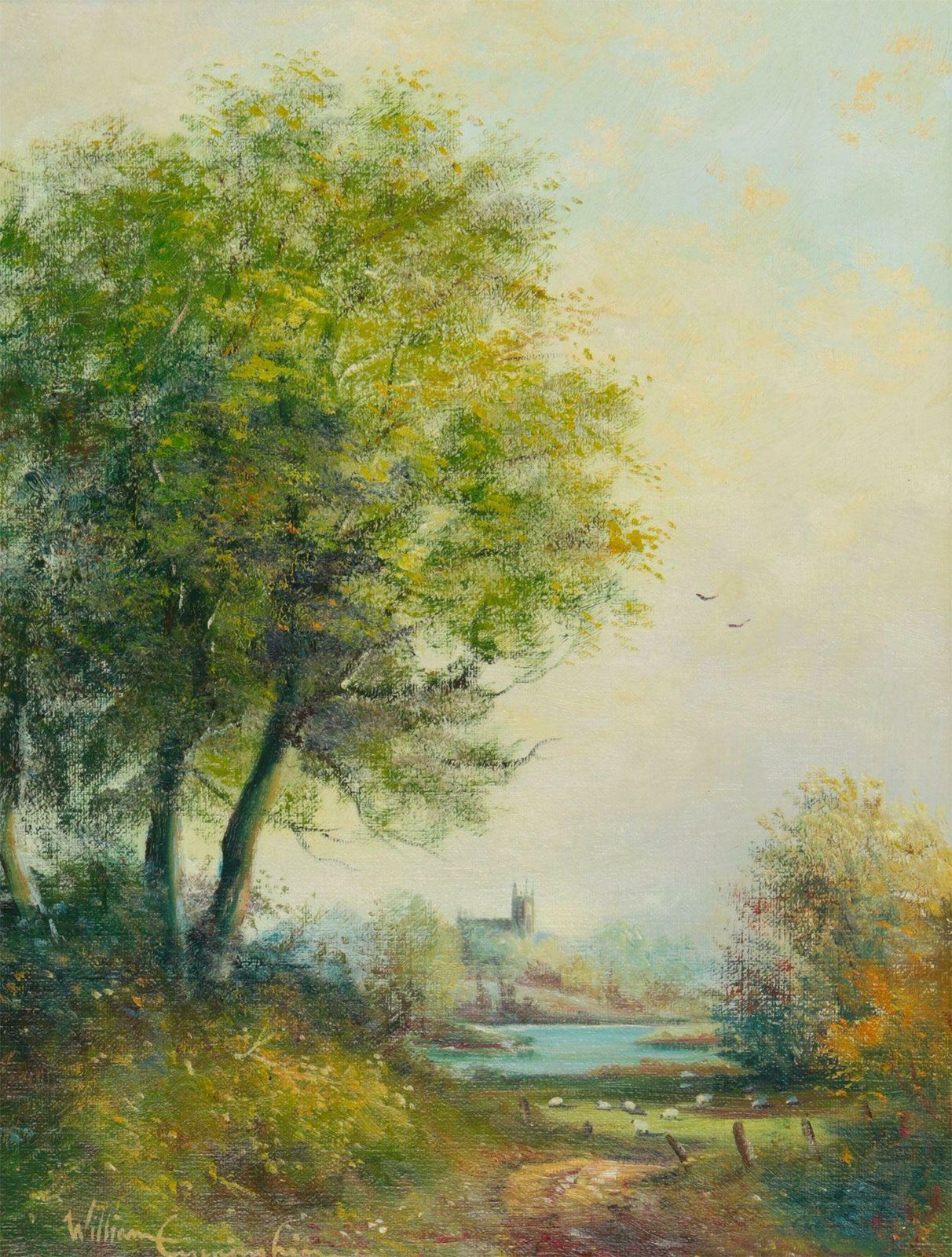 William Cunningham Oil Painting Of Irish Countryside Scene With Cathedral In The Distance Ireland 1978 photo furniture