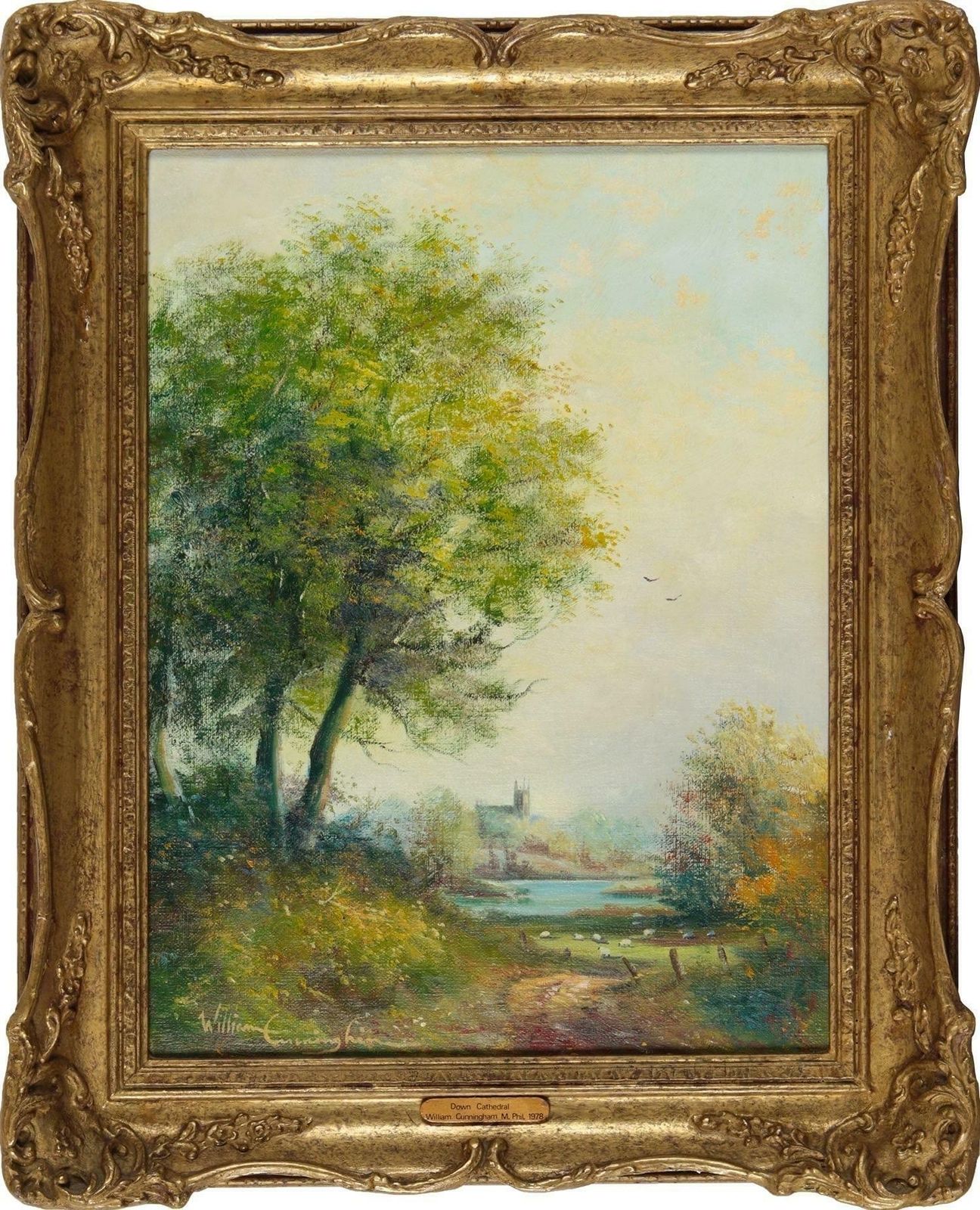 William Cunningham Oil Painting Of Irish Countryside Scene With Cathedral In The Distance Ireland 1978 photo 1750.0