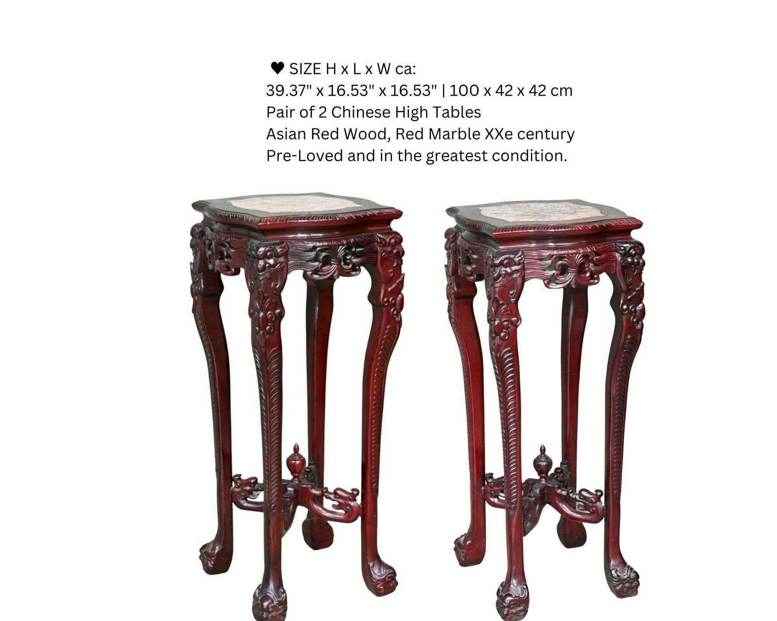 Chinese Pair Plant Stand | 2pcs Pedestal | Red Marble And Lacquer | Carved Wood photo 1707.0