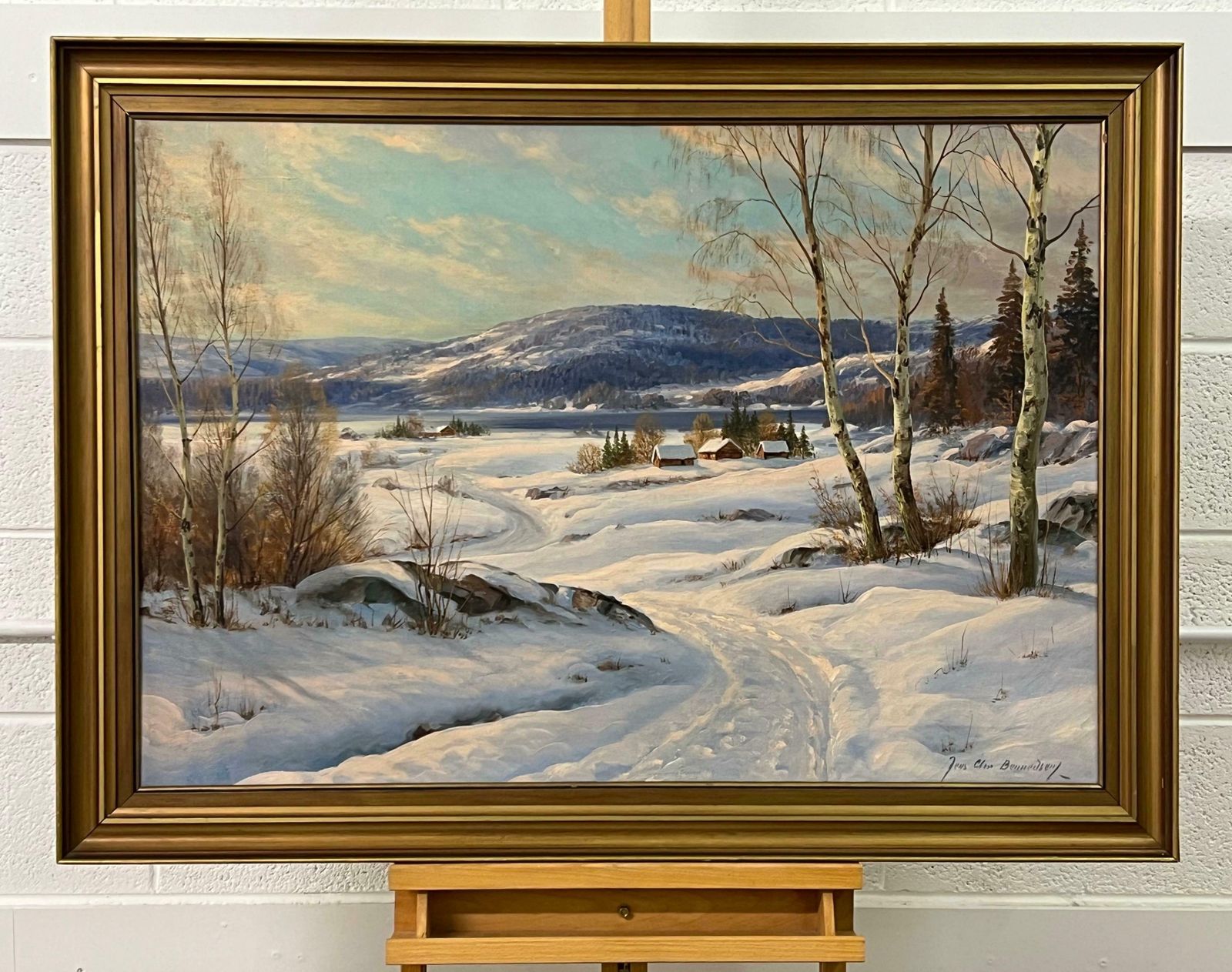 Jens Christian Bennedsen Swedish Hamlet In A Snowy Winter Landscape With Birch Trees By Danish Artist 1950s photo for sale