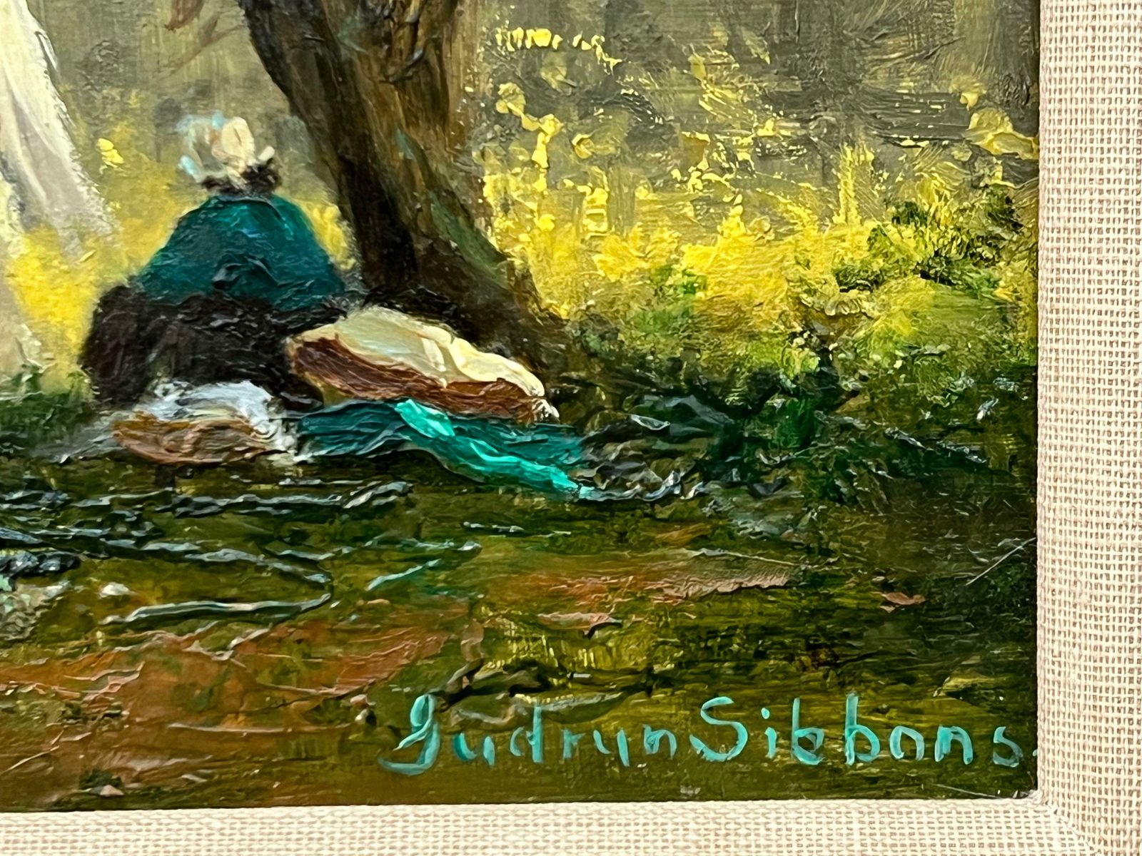 Gudrun Sibbons Idyllic Countryside Scene With River Boat, Horses, Figures & Dogs In Sunshine 1960 Circa photo for sale