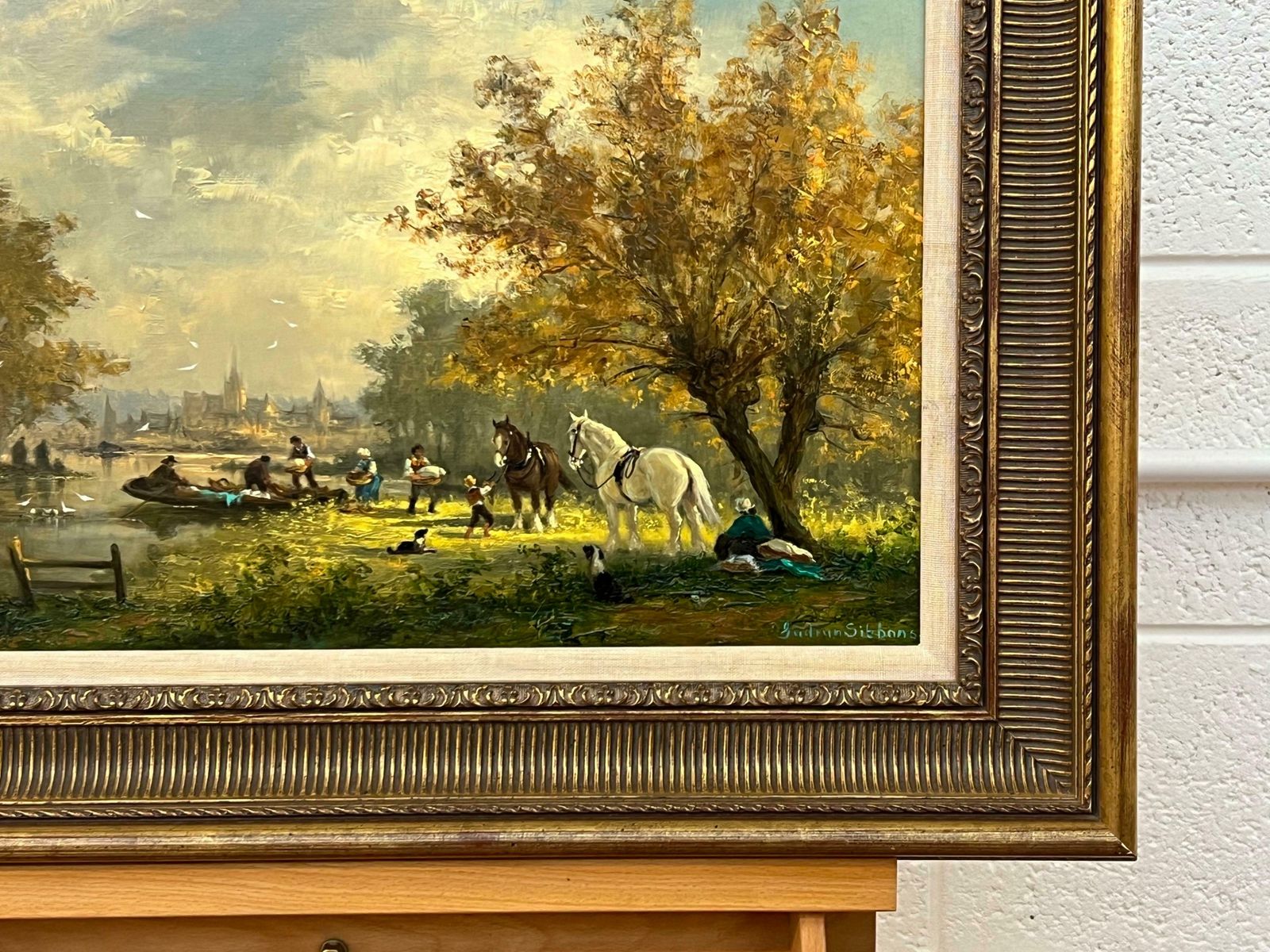 Gudrun Sibbons Idyllic Countryside Scene With River Boat, Horses, Figures & Dogs In Sunshine 1960 Circa photo buy