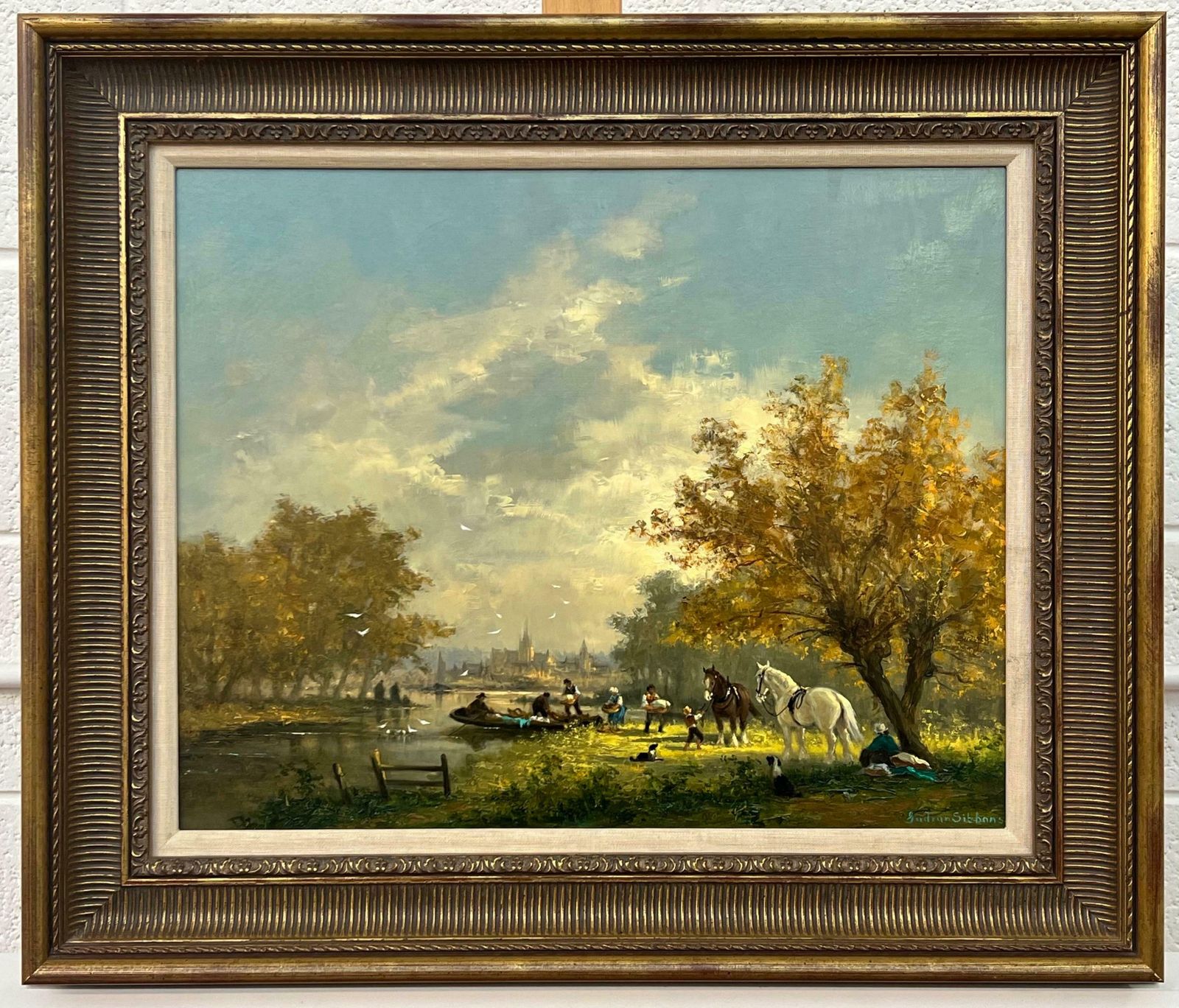 Art Gudrun Sibbons Idyllic Countryside Scene With River Boat, Horses, Figures & Dogs In Sunshine 1960 Circa photo