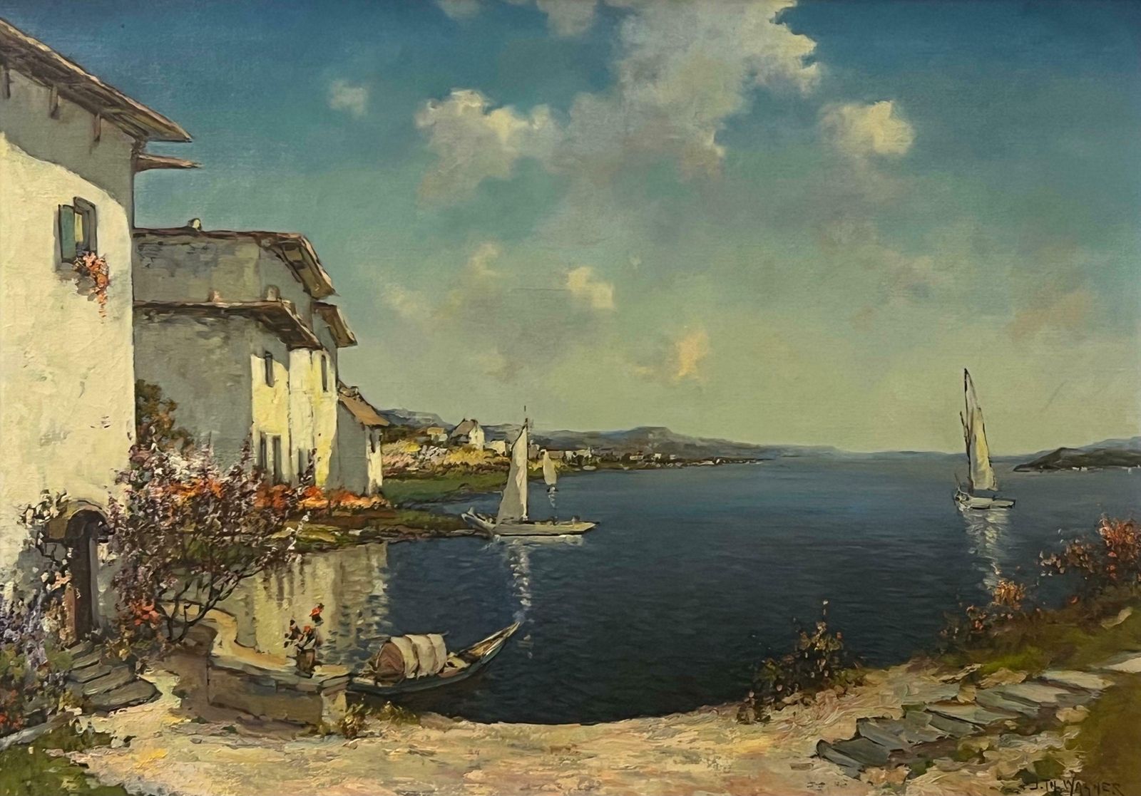 J W Wagner Mediterranean Painting Of Lake Como In Italy By 20th Century American Artist 1955 Circa photo buy