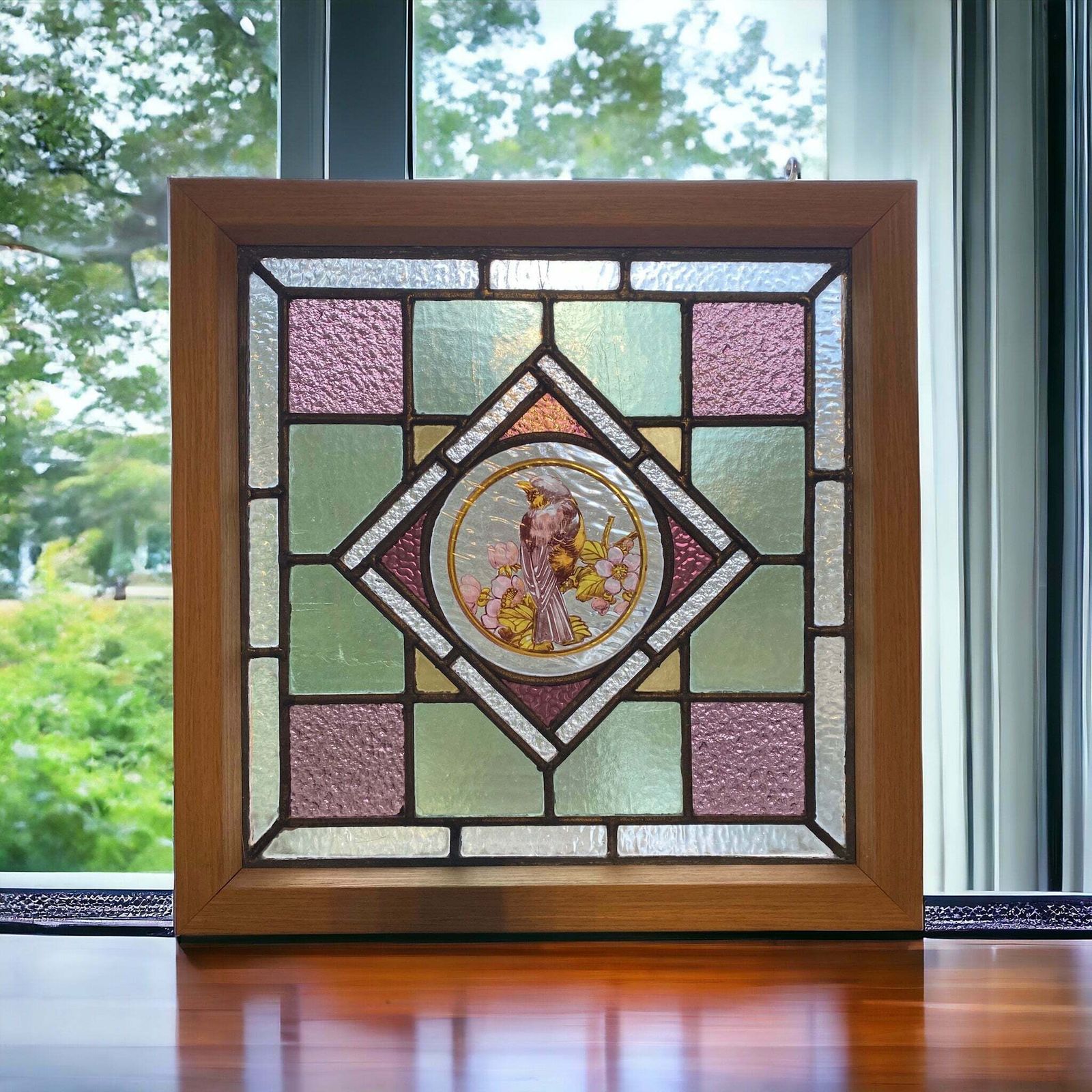 Victorian English Leaded Stained Glass Birds Flowers #1