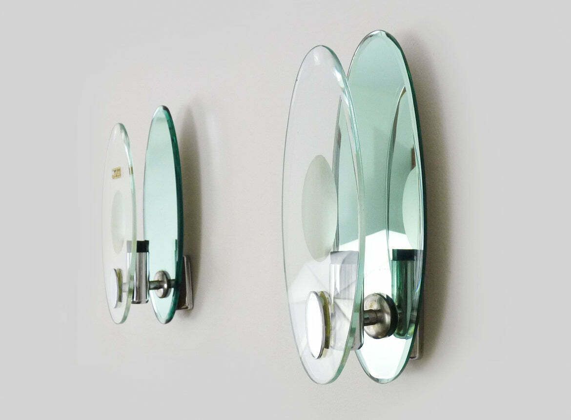 Pair Of Mint Green Mirrored Glass Fontana Arte Wall Lights C.1970 photo Lighting