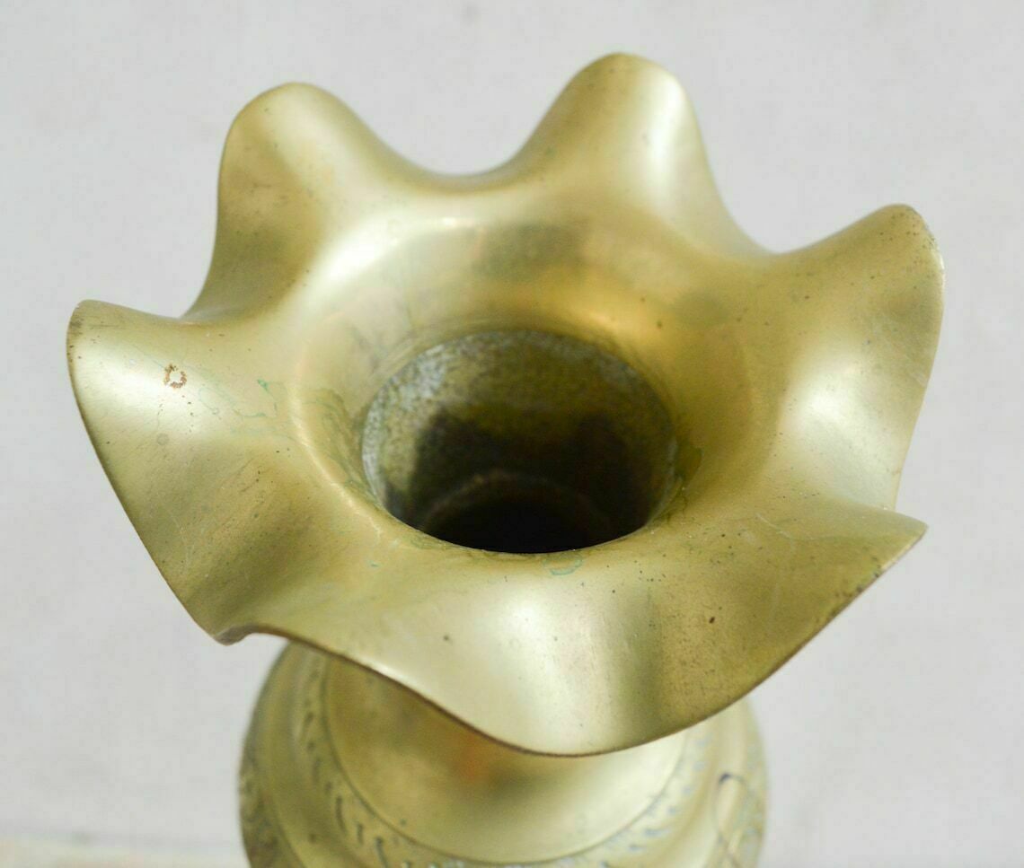 Large Vintage Brass Fluted Vase, Tall Heavy Etched Gold Brass Hand Made Vase, 1615 Kilos photo vintage