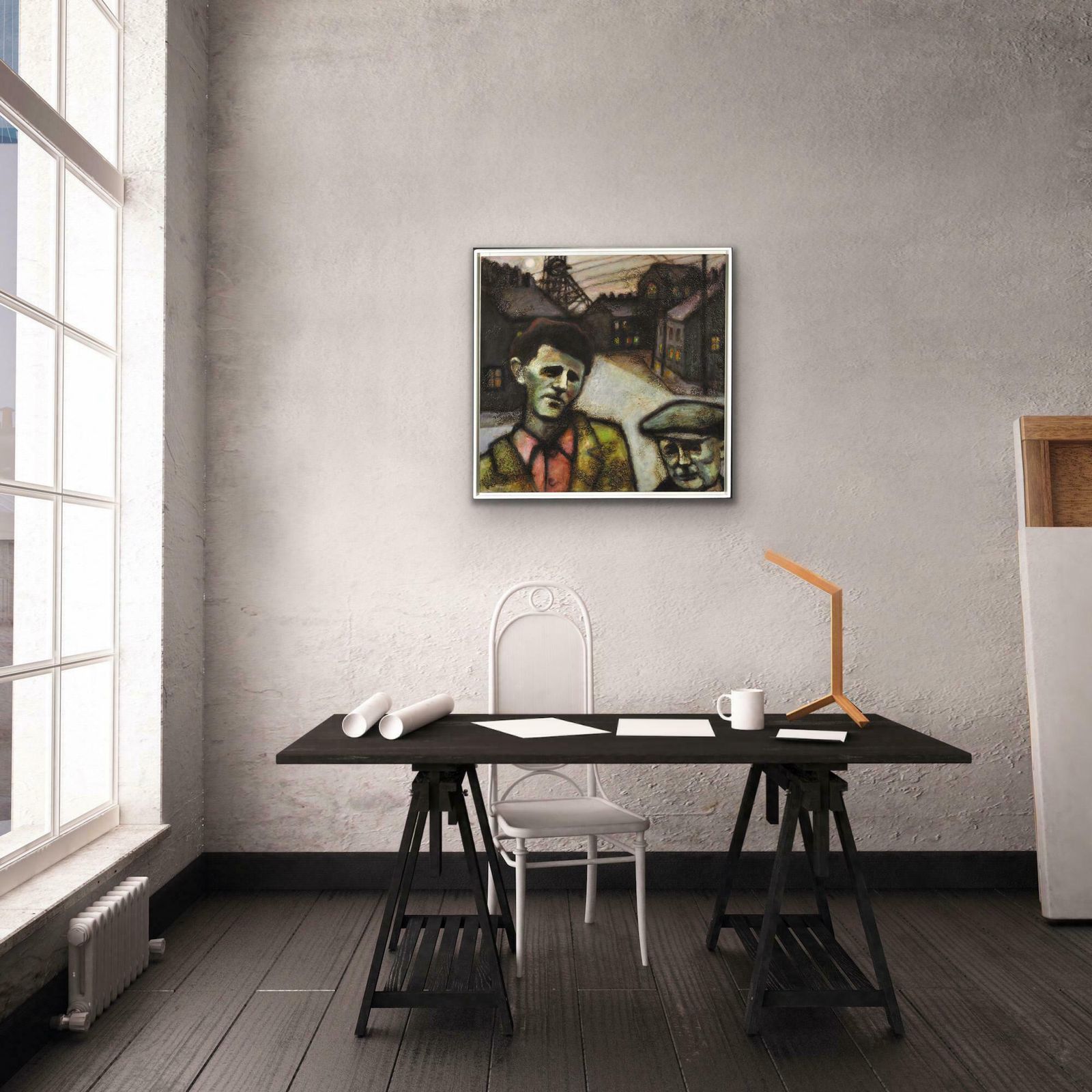2595.0 Peter Ross B.1941. The Young Richard Burton And His Father. Pontrhydyfen. Neath Port Talbot. Wales. Welsh Coal Mining. Framed Oil Painting. photo