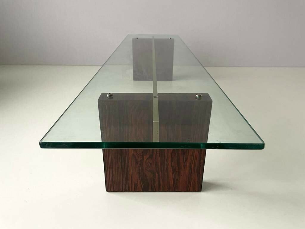 Mid Century Modern Minimalist Thick Glass Top Living Room Table With Wood Legs, 1960s photo vinterior
