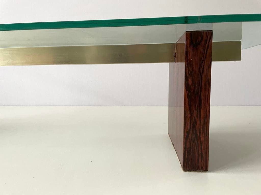 photo furniture Mid Century Modern Minimalist Thick Glass Top Living Room Table With Wood Legs, 1960s