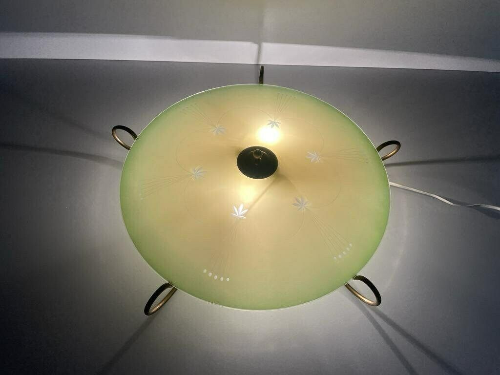 Mid Century Ufo Design Green Glass And Gold Metal Flush Mount Ceiling Lamp, 1950s, Germany photo for sale