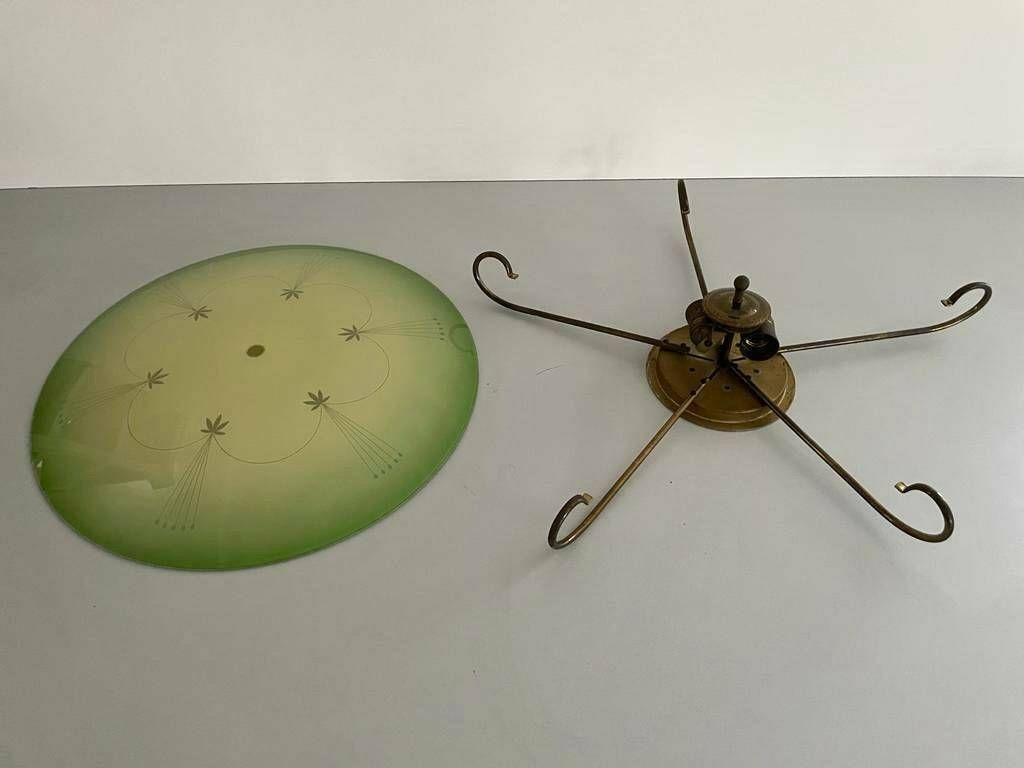 Mid Century Ufo Design Green Glass And Gold Metal Flush Mount Ceiling Lamp, 1950s, Germany photo Lighting