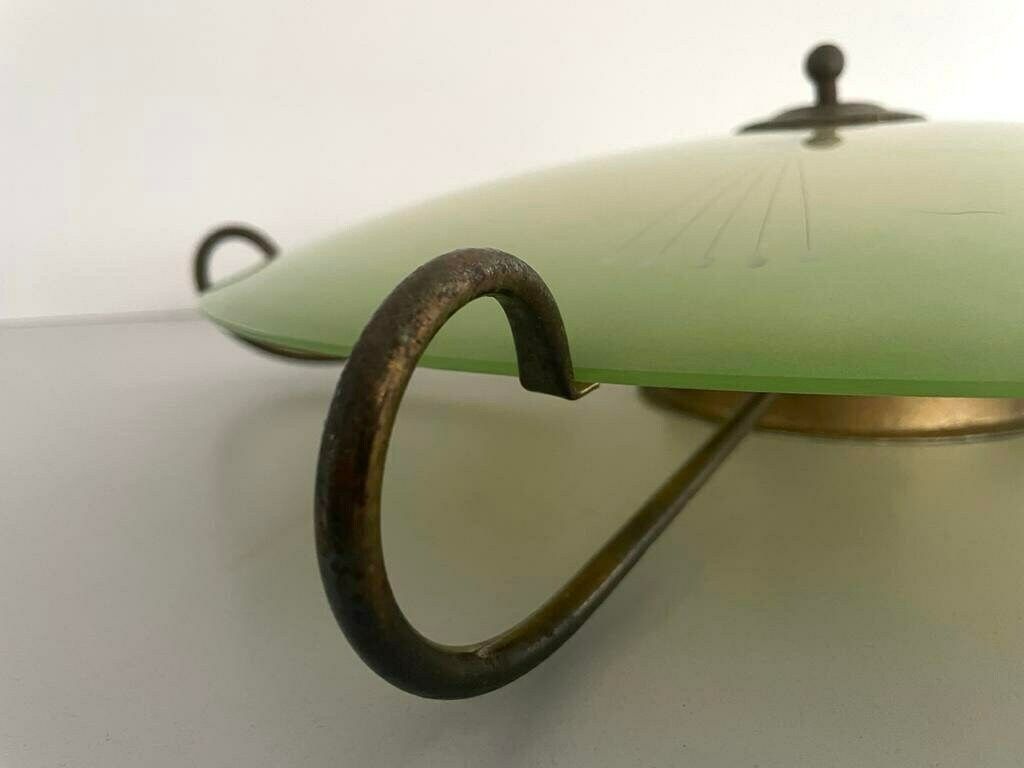 Mid Century Ufo Design Green Glass And Gold Metal Flush Mount Ceiling Lamp, 1950s, Germany photo buy