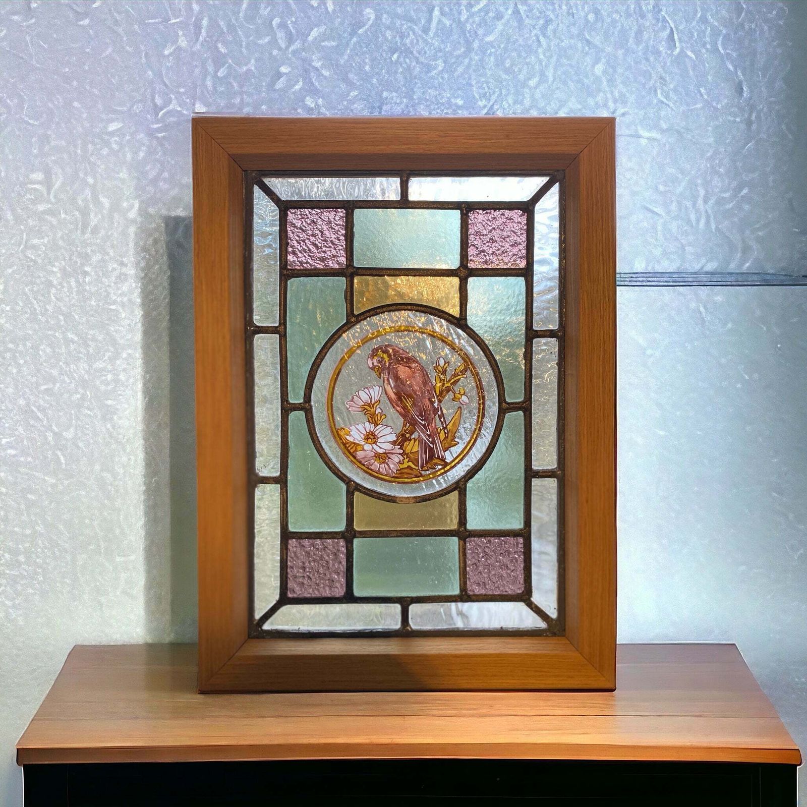 Victorian English Leaded Stained Glass Birds Flowers #2