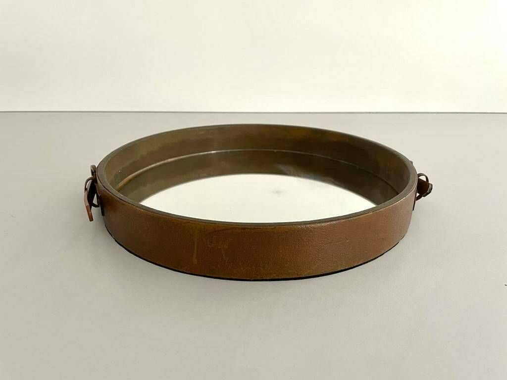 Italian Round Leather Wall Mirror With Leather Strap, 1960s, Italy photo for sale