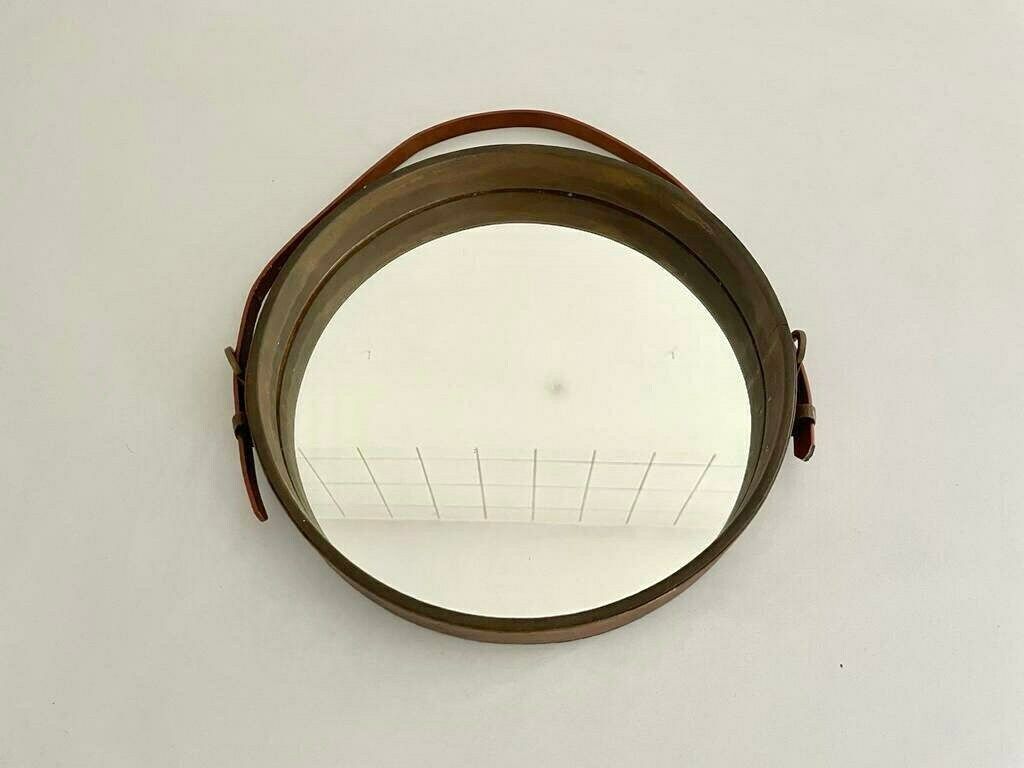 photo for sale Italian Round Leather Wall Mirror With Leather Strap, 1960s, Italy