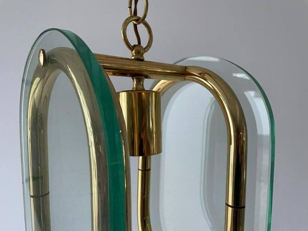 Beautiful Italian Design 2 Thick Glass Piece & Brass Body Ceiling Lamp, 1970s, Italy photo vintage