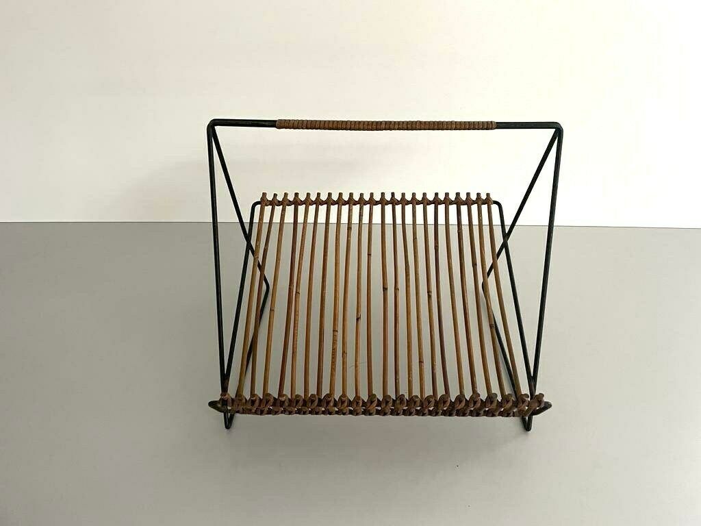 Mid Century Black Metal And Rattan Magazine   Newspaper Stand, 1950s, Italy photo Home Decor