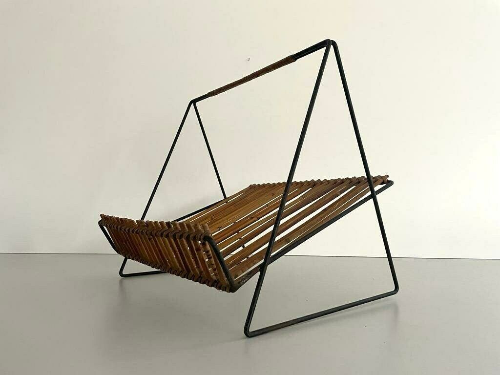 photo for sale Mid Century Black Metal And Rattan Magazine   Newspaper Stand, 1950s, Italy