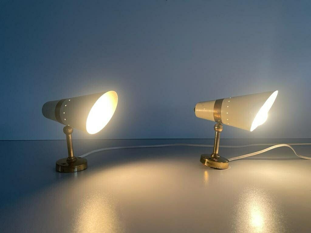 Worn Cream Metal And Brass Body Italian Design Pair Of Sconces, In Style Of Stilnovo, 1950s, Italy photo furniture