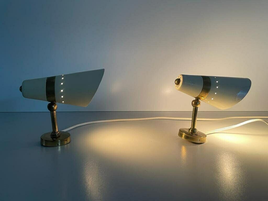 Worn Cream Metal And Brass Body Italian Design Pair Of Sconces, In Style Of Stilnovo, 1950s, Italy photo Lighting