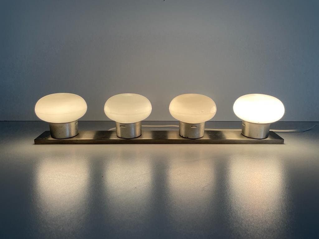 4 Opaline Glass Shade And Metallic Gray Base Flush Mount Ceiling Lamp, 1970s, Italy photo for sale