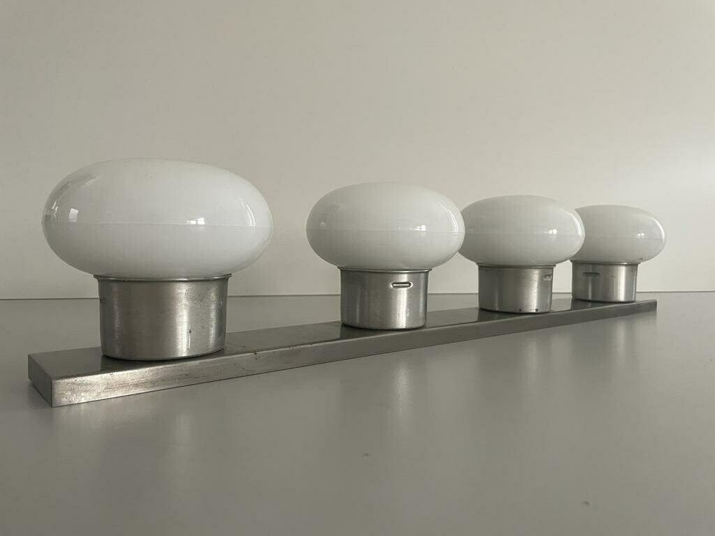 4 Opaline Glass Shade And Metallic Gray Base Flush Mount Ceiling Lamp, 1970s, Italy photo vintage