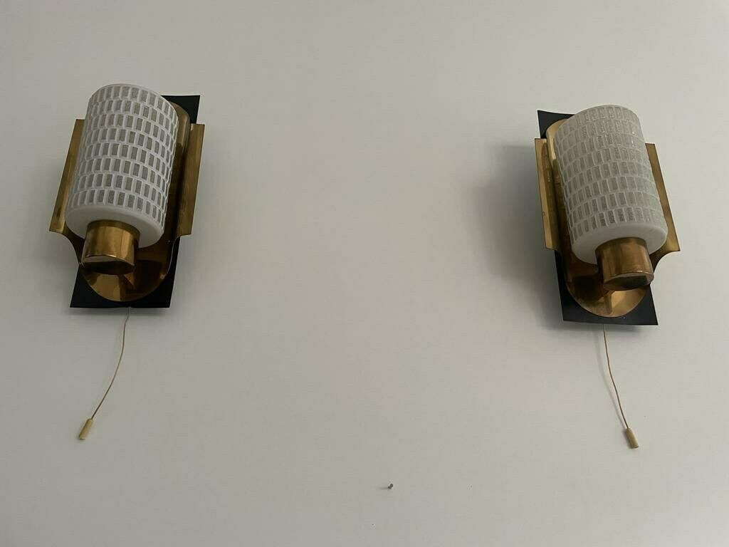 Mid Century Textured Glass & Brass Pair Of Sconces, 1950s, Germany photo vinterior