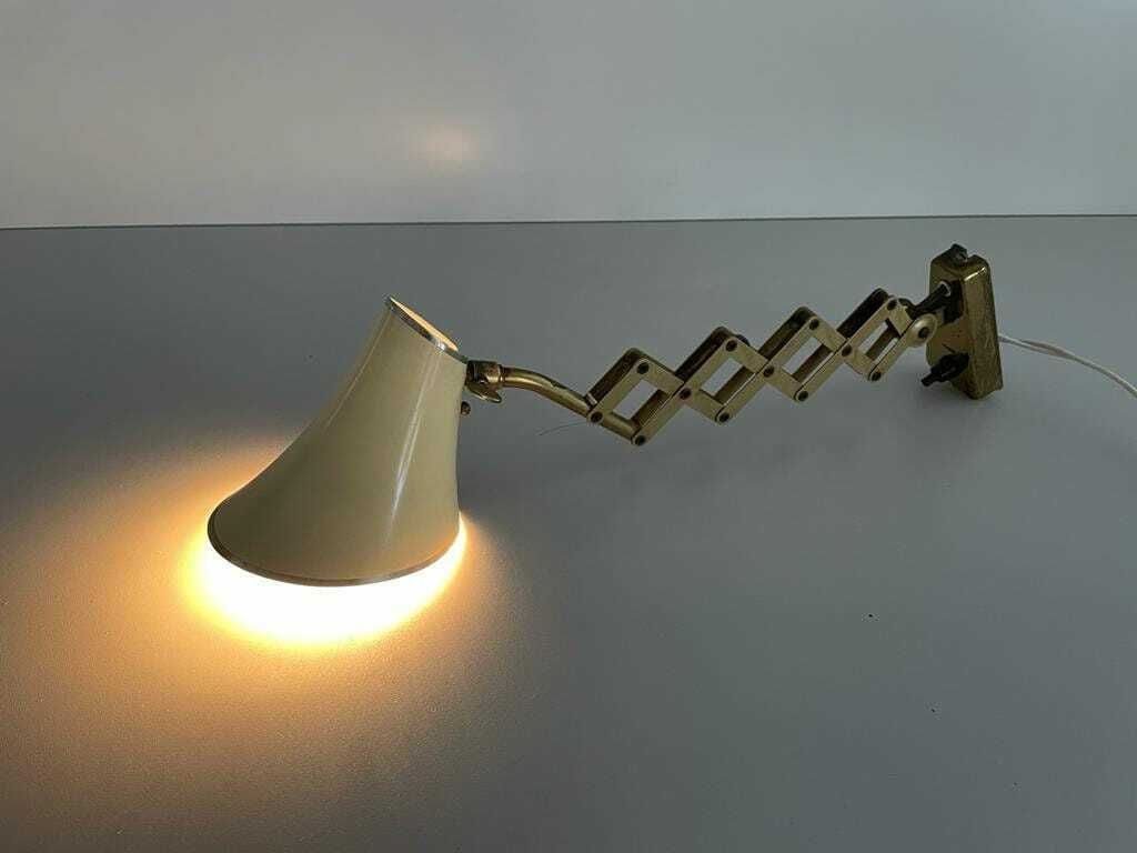 photo for sale Diabolo Design Cream Metal Shade And Brass Scissor Wall Lamp By Karl Lang For Sis Licht, 1950s, Germany