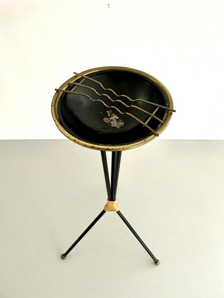 Italian Black Body   Gold Top Metal Elegantly Designed Self Standing Tripod Ashtray   1950s, Italy photo 945.0