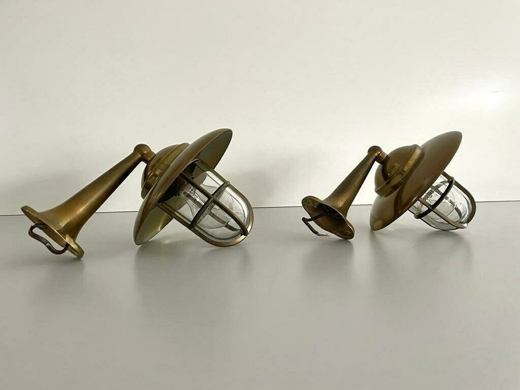 Wonderful Brass And Glass Pair Of Iconic Ship Wall Lamps, 1960s, Germany photo Lighting