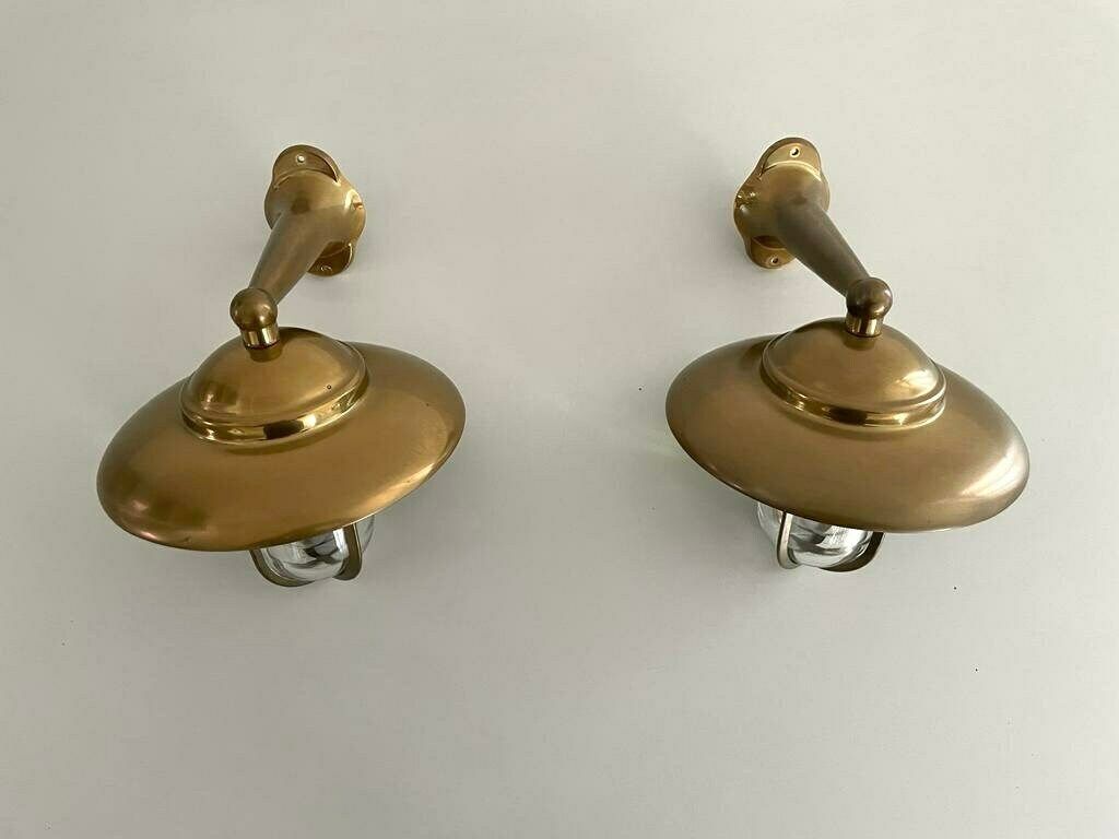 Wonderful Brass And Glass Pair Of Iconic Ship Wall Lamps, 1960s, Germany photo vinterior