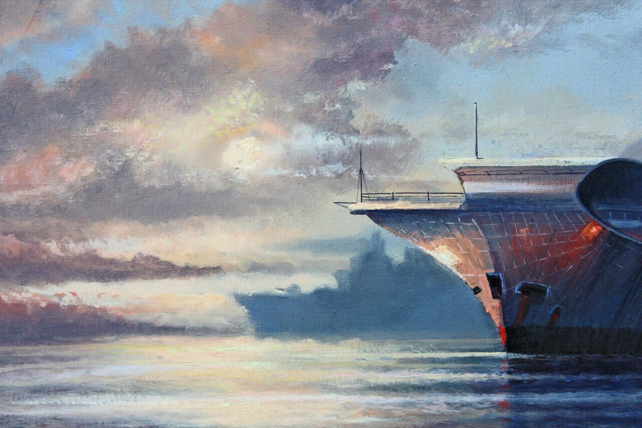 Naval Majesty: M J Whitehand's High Quality Large Oil Painting Of Hms Hermes Aircraft Carrier photo 1795.0