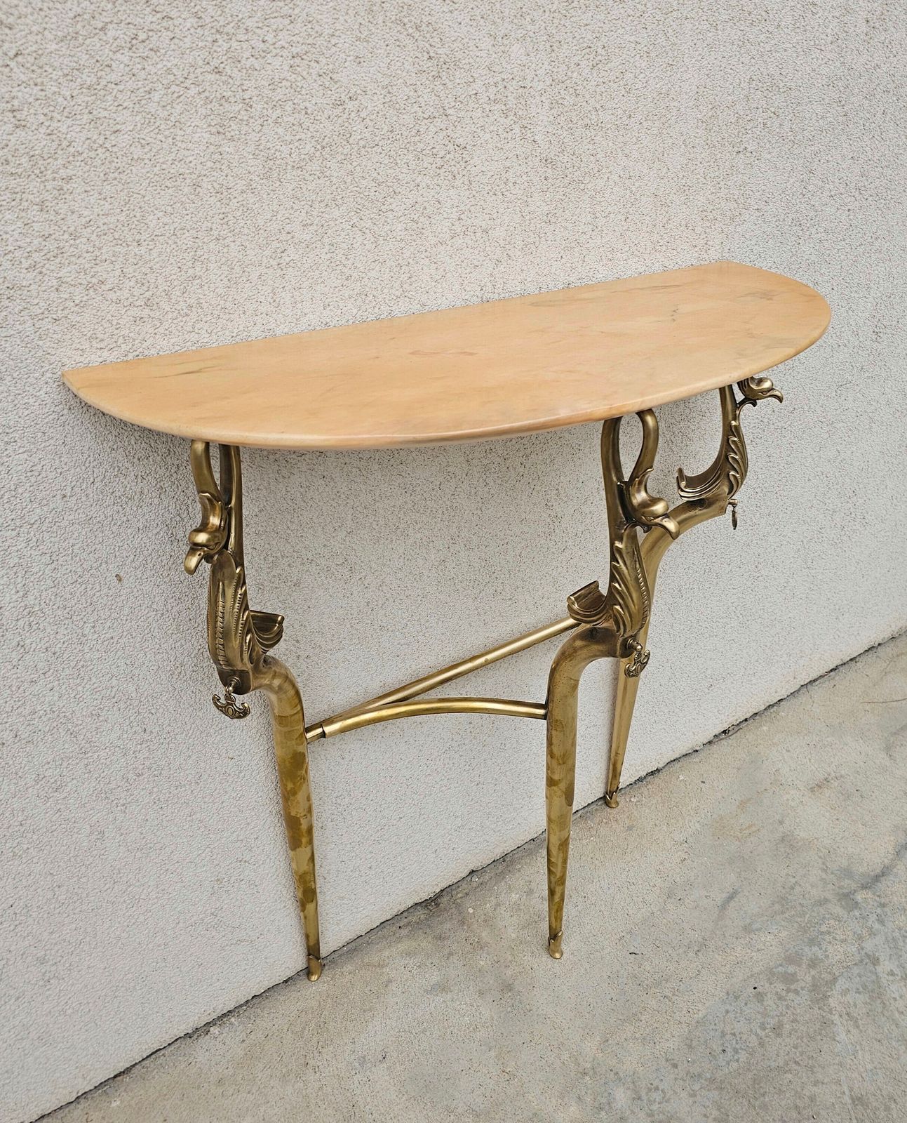 Hollywood Regency Brass Console Table With Semi Circular Marble Top Featuring Swan Motif // Made In Italy In 1950s photo furniture