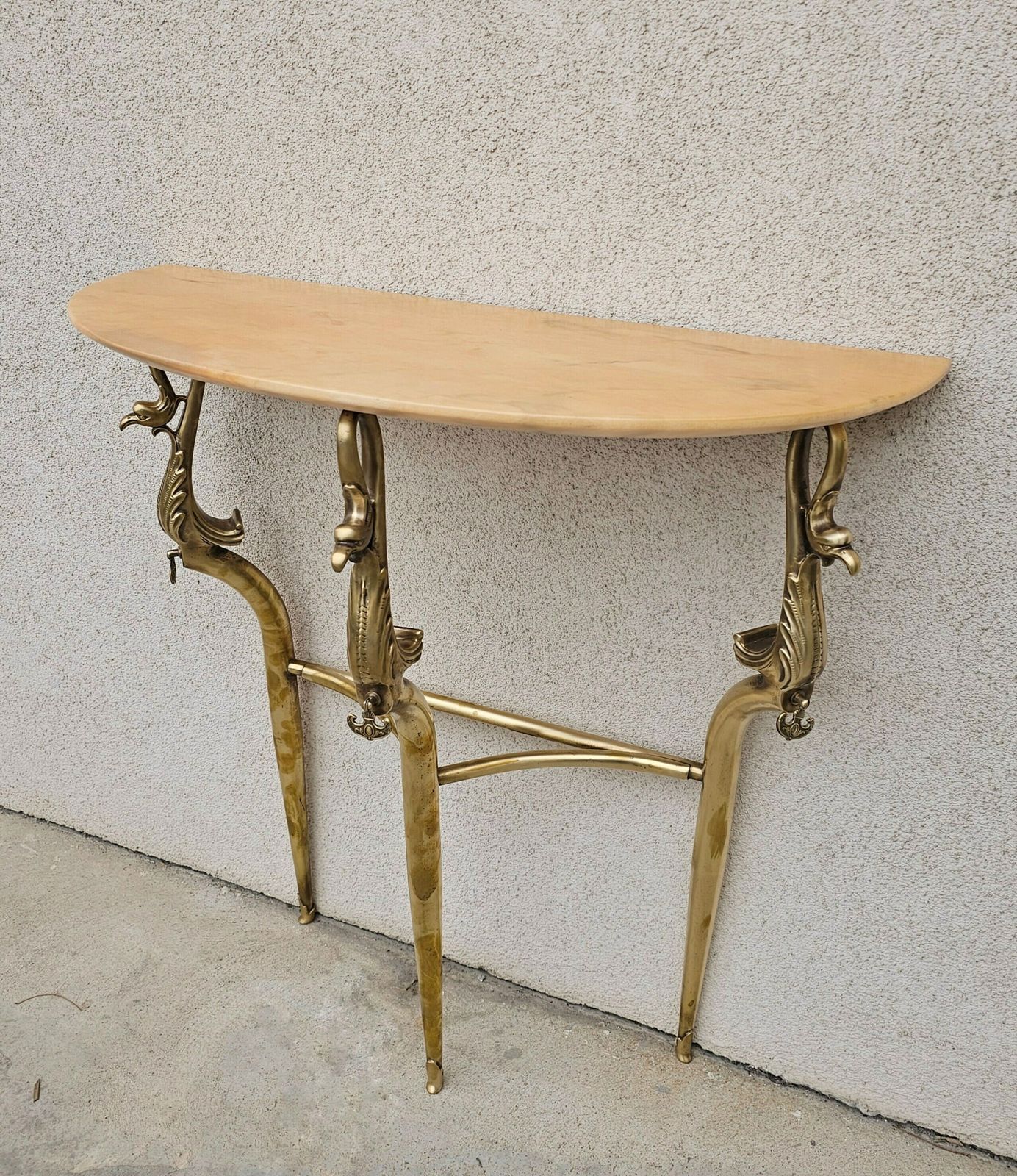 Hollywood Regency Brass Console Table With Semi Circular Marble Top Featuring Swan Motif // Made In Italy In 1950s photo Furniture
