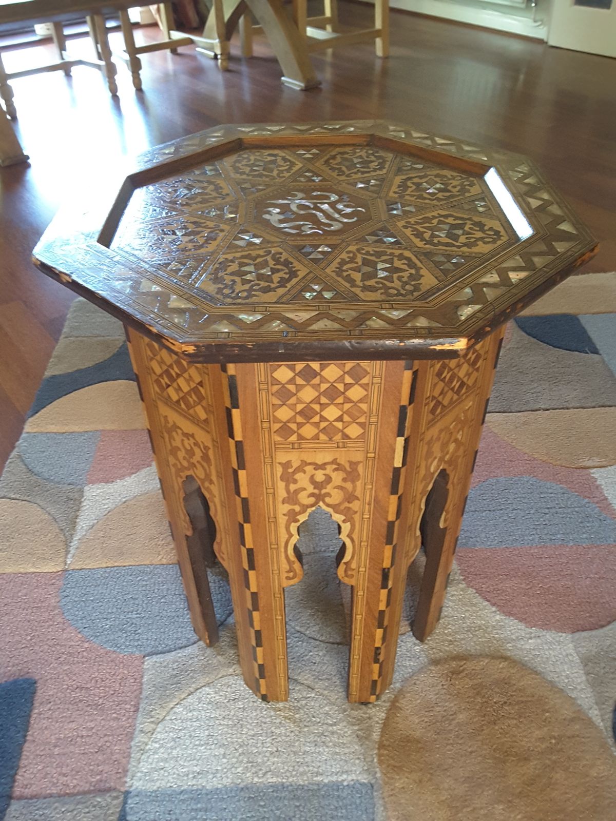 Liberty Antique Octagonal Coffee/Occasional Table. Minor Restoration Needed To Wood Edging And By Replacement Of A Small Number Of Pieces Of Mother Of Pearl Inlay, photo furniture