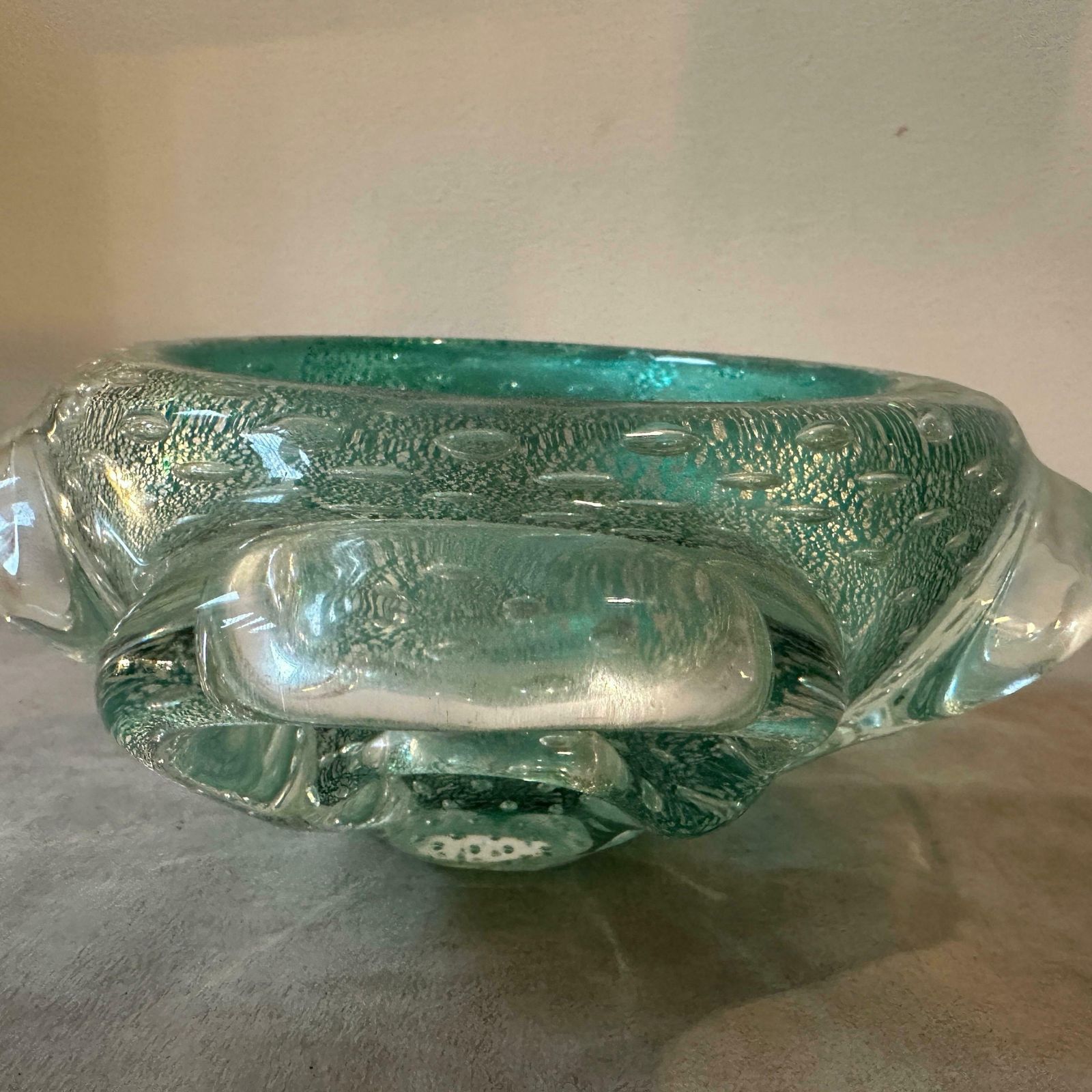 1960s Barovier Style Green And Gold Bullicante Murano Glass Ashtray And Pestle photo buy