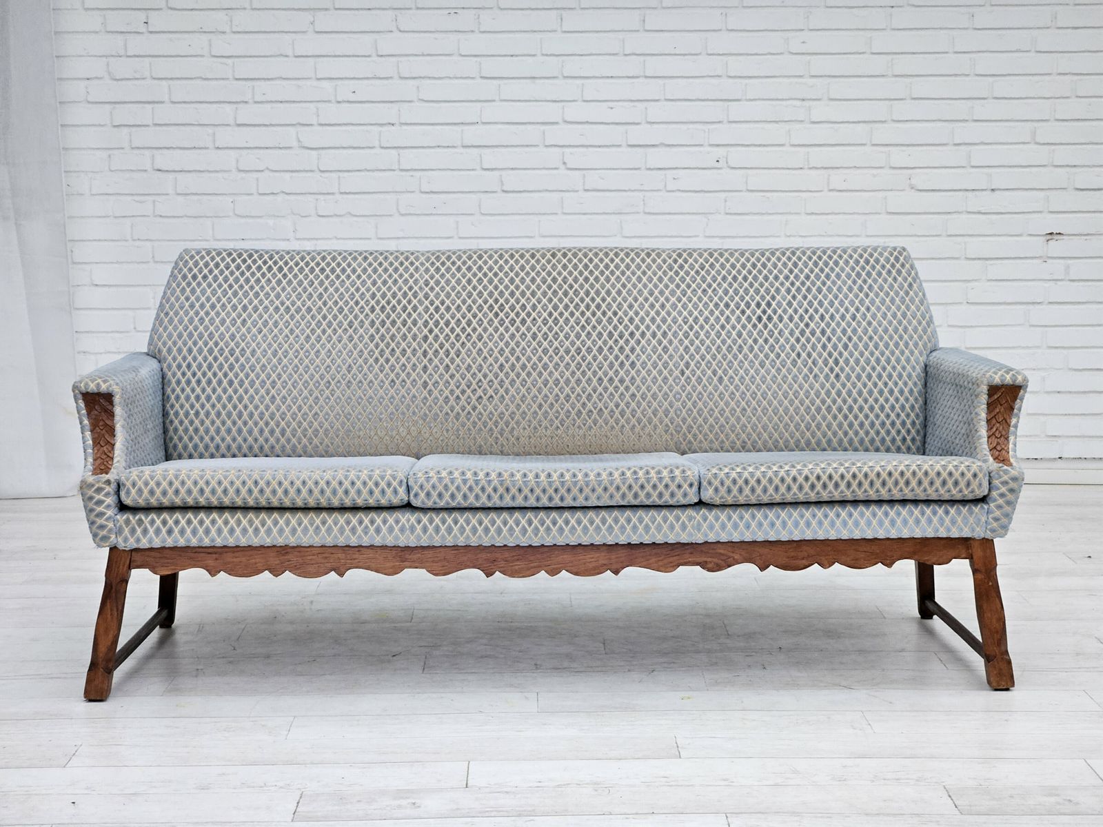 1970s, Danish 3 Seater Sofa, Original Good Condition, Velour, Oak Wood. photo Furniture