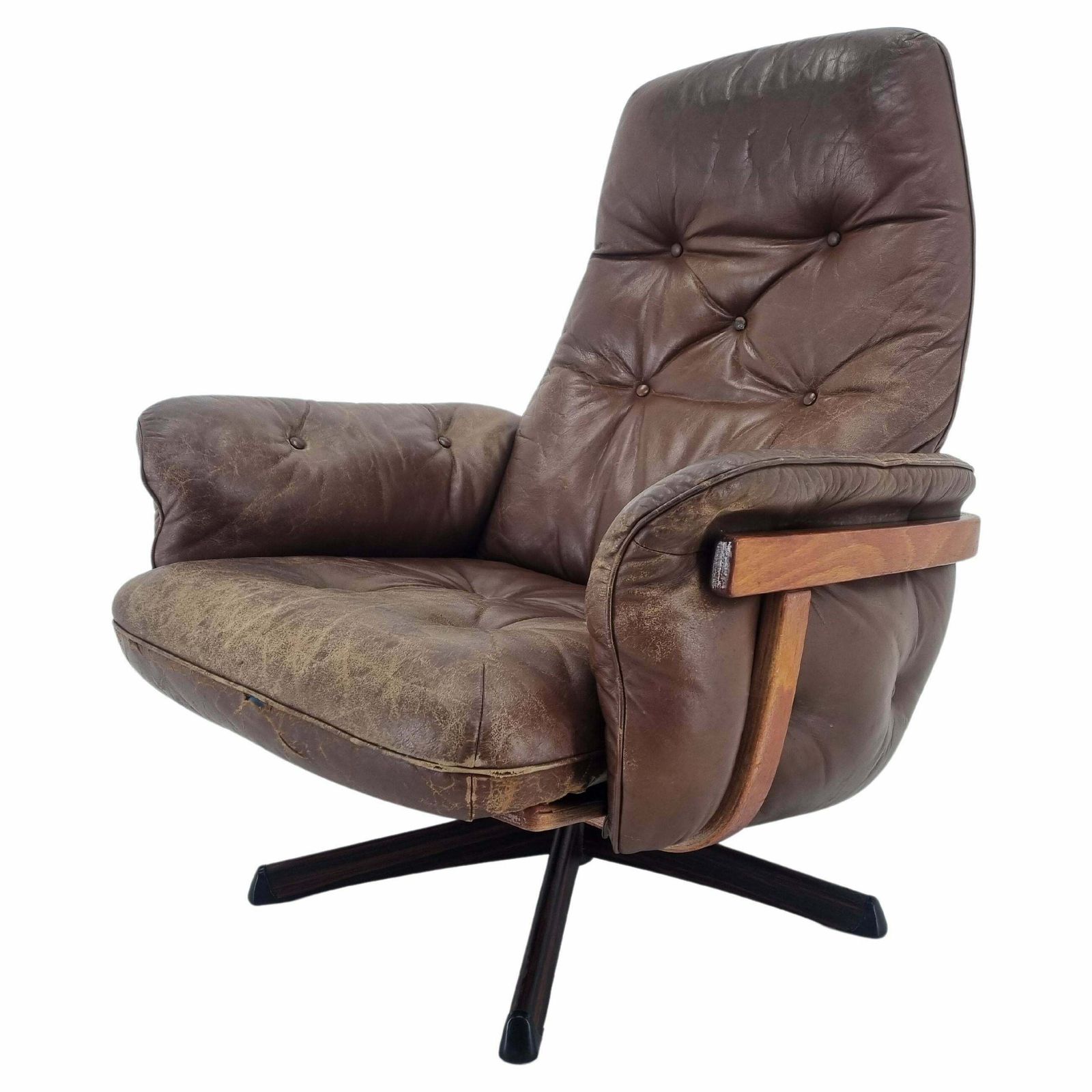 Midcentury Swivel Leather And Wood Armchair Göte Möbler Nässjö, Sweden, 1960s
