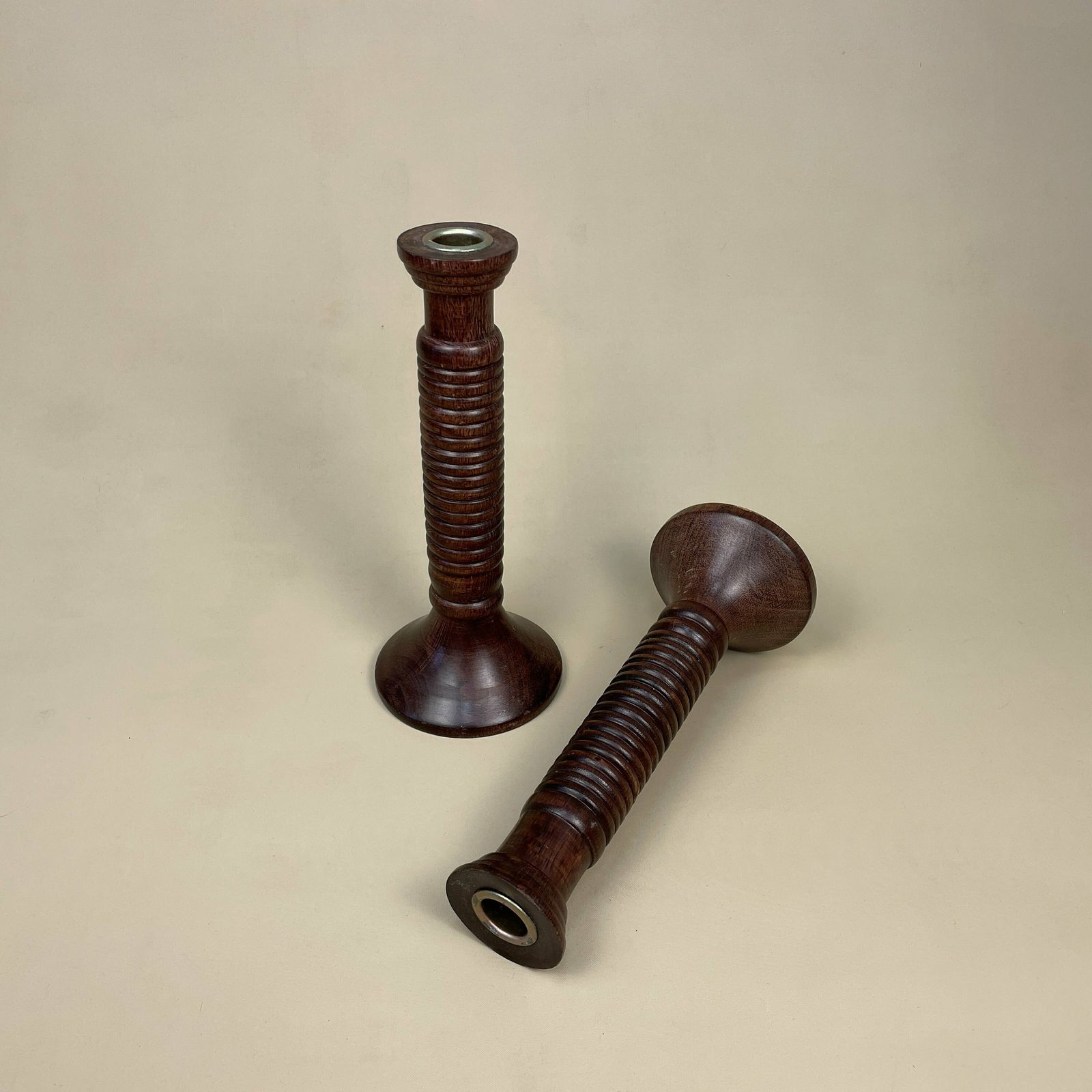 Antique Matching Pair Of Wooden Gold Brass Candlestick Candle Stick Vintage Dinner Candlesticks Lamp Wood Ornate Patter Ribbed Striped photo furniture