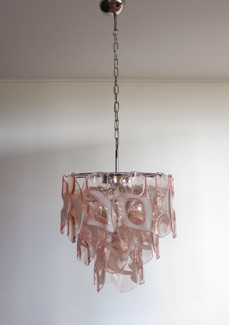 1970’s Vintage Italian Murano Chandelier Lamp In Vistosi Style 23 Pink Glasses