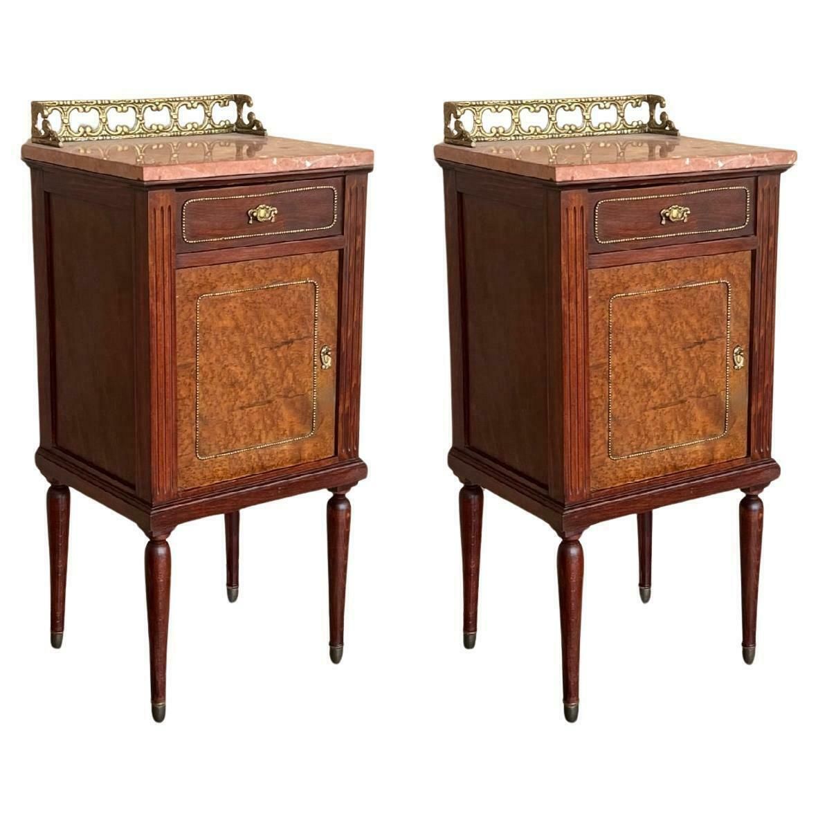 Pair Of Italian Marquetry Nightstands With Bronze Crest, Drawers And Doors