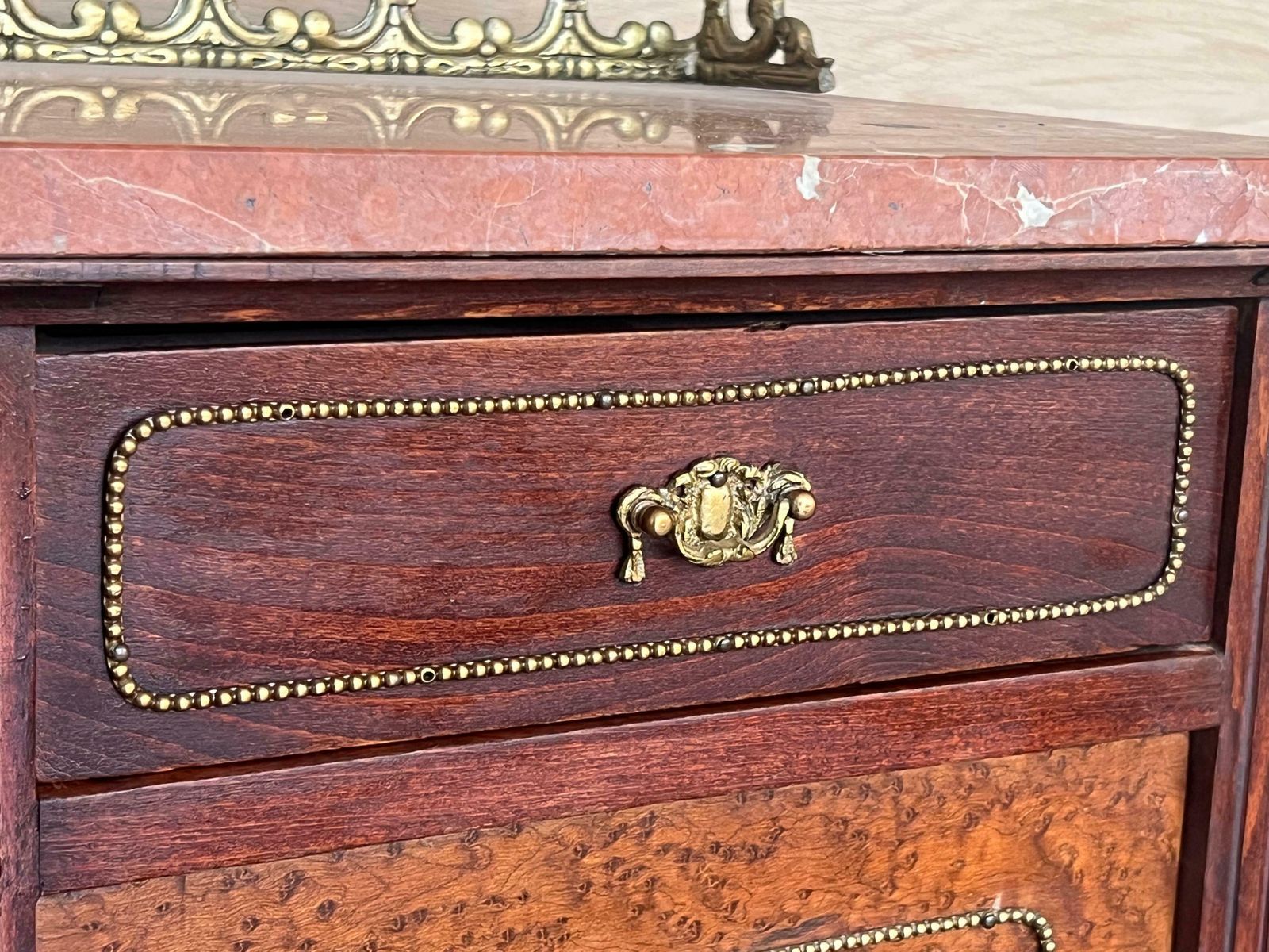 photo for sale Pair Of Italian Marquetry Nightstands With Bronze Crest, Drawers And Doors