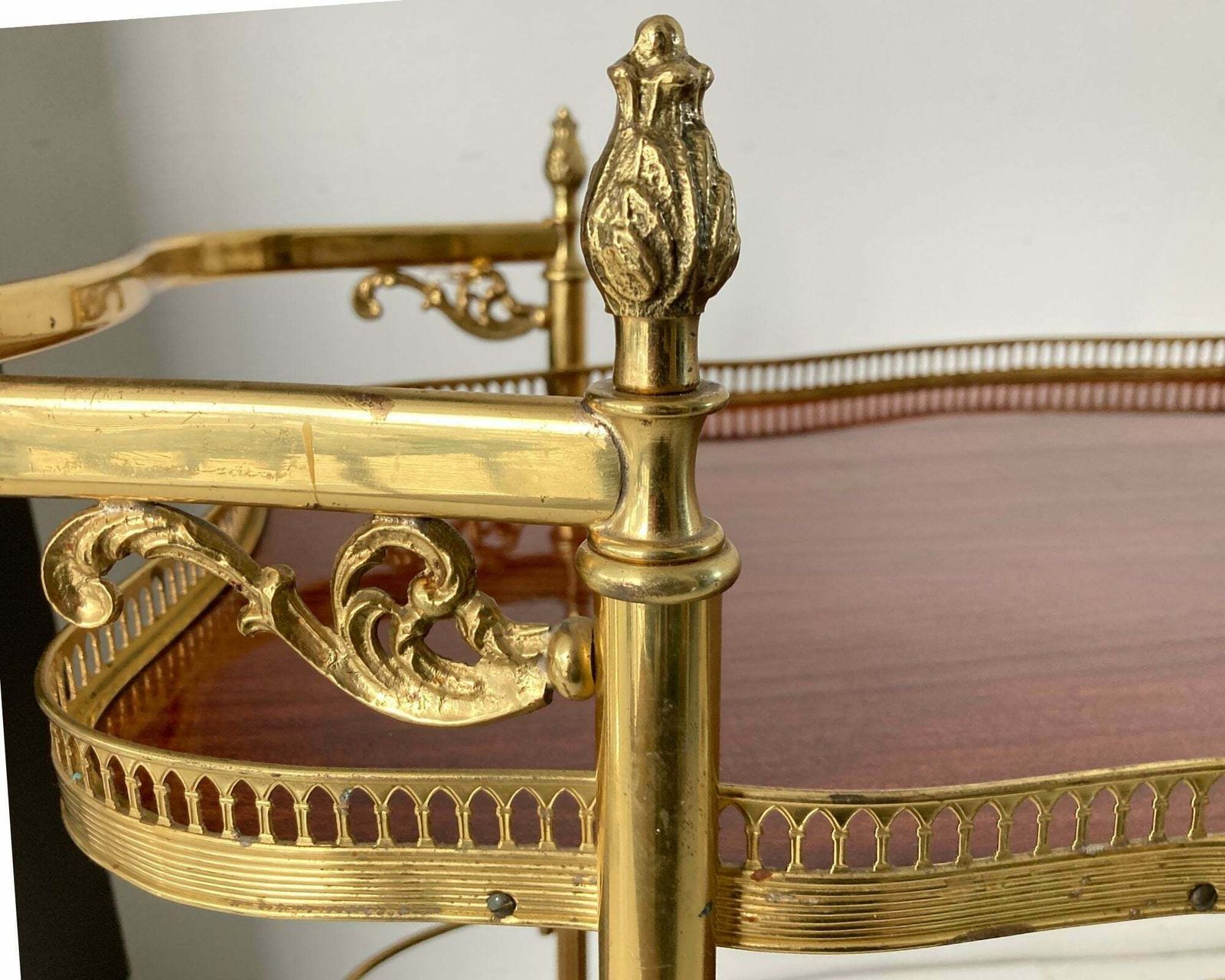 Brass Wood Bar Cart | Neoclassical Leaf Shaped! | Teak Wood And Removable Trays | Ca 1950s photo vinterior