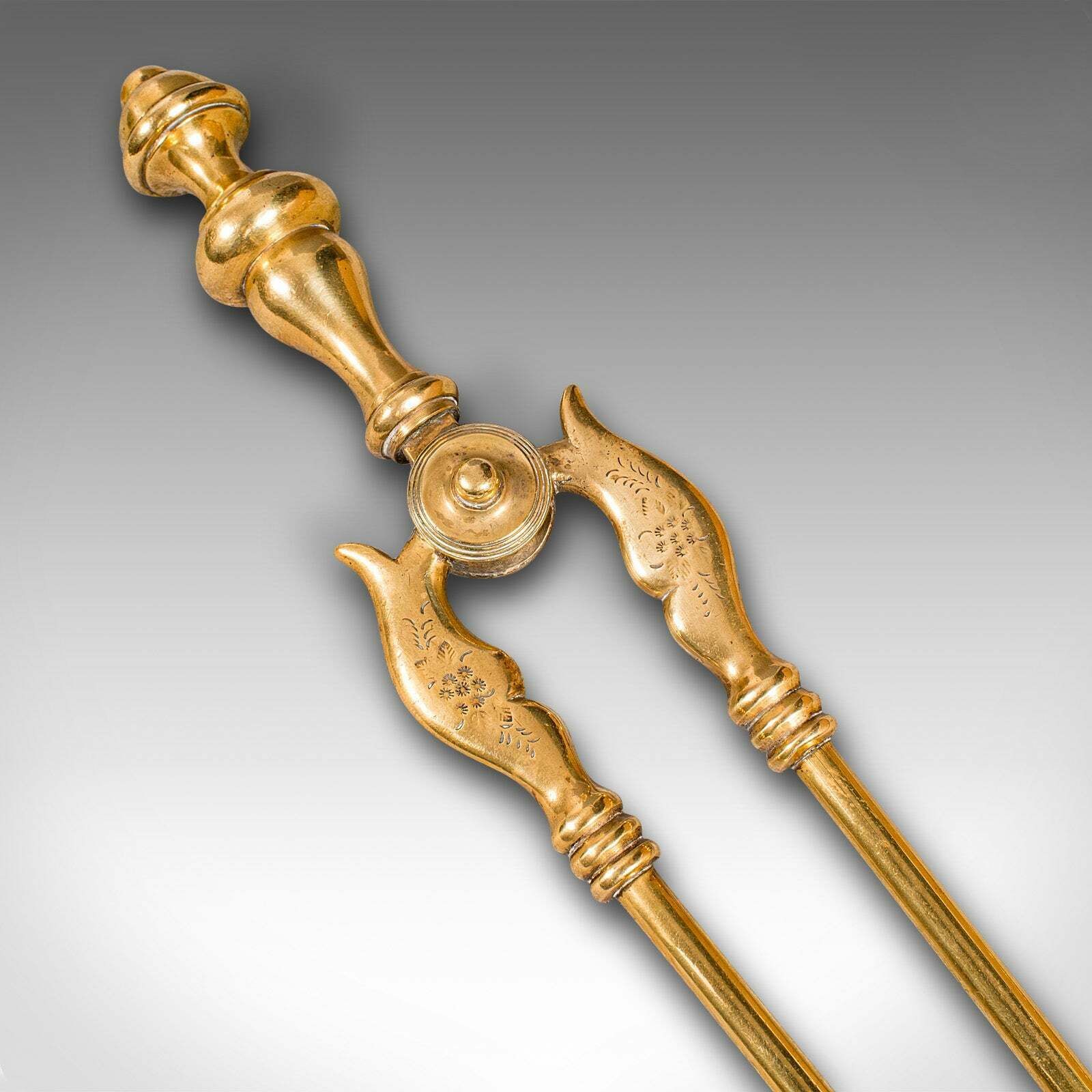 395.0 Antique Companion Set, Fireside Tools, English, Brass, Shovel, Tongs, Victorian photo