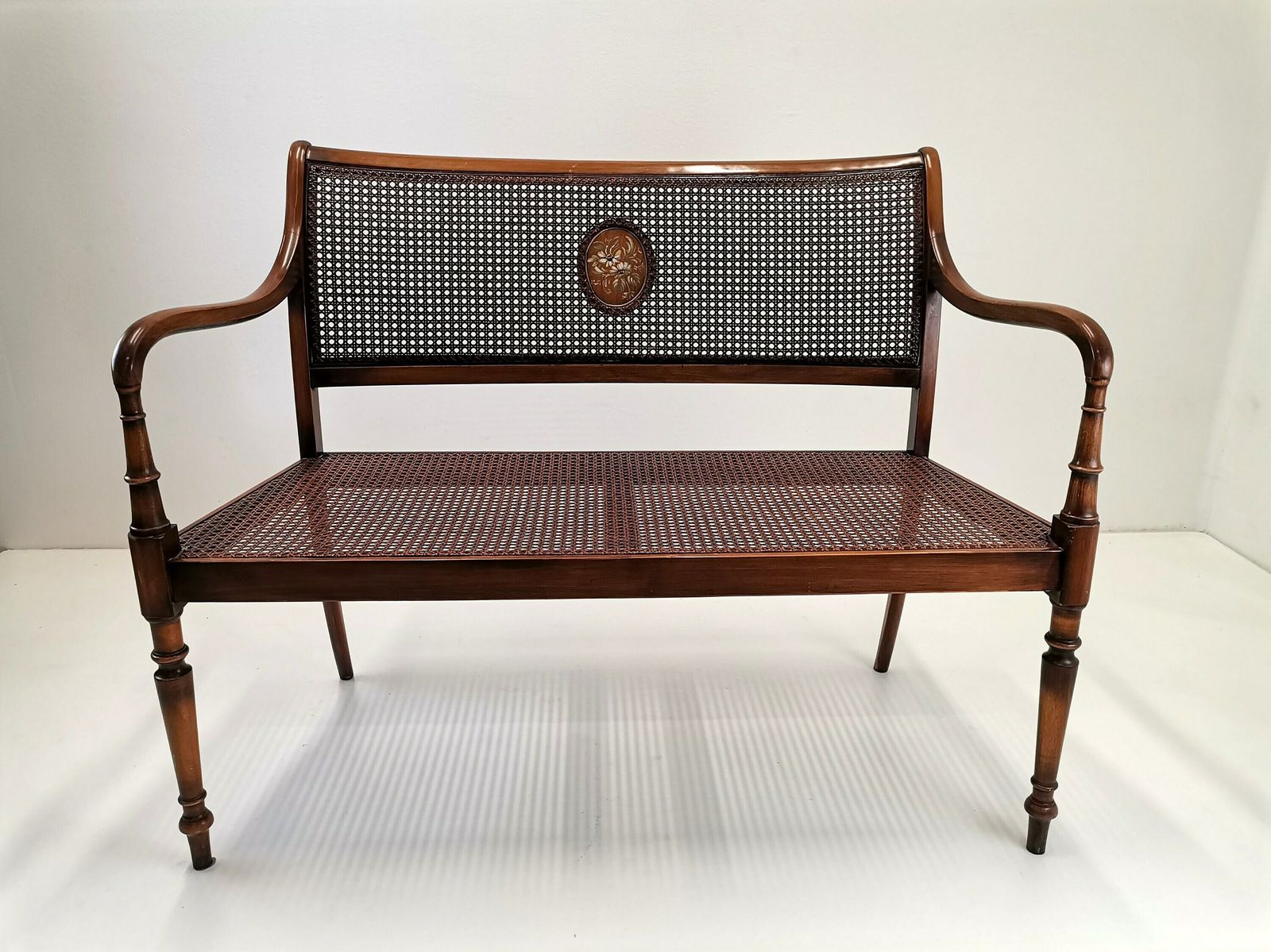 Vintage Bentwood Bench With Cane Seating / Mid Century Bench With Armrests / 1960s 1970s Regency Style Two Seater Sofa