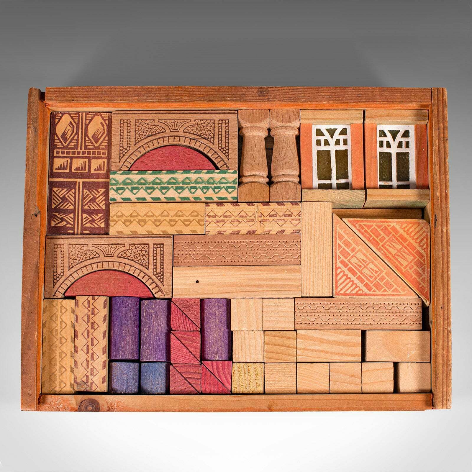 2 Vintage Building Block Sets, German, Pine, Toy Box, After Froebel, Baukasten photo vinterior