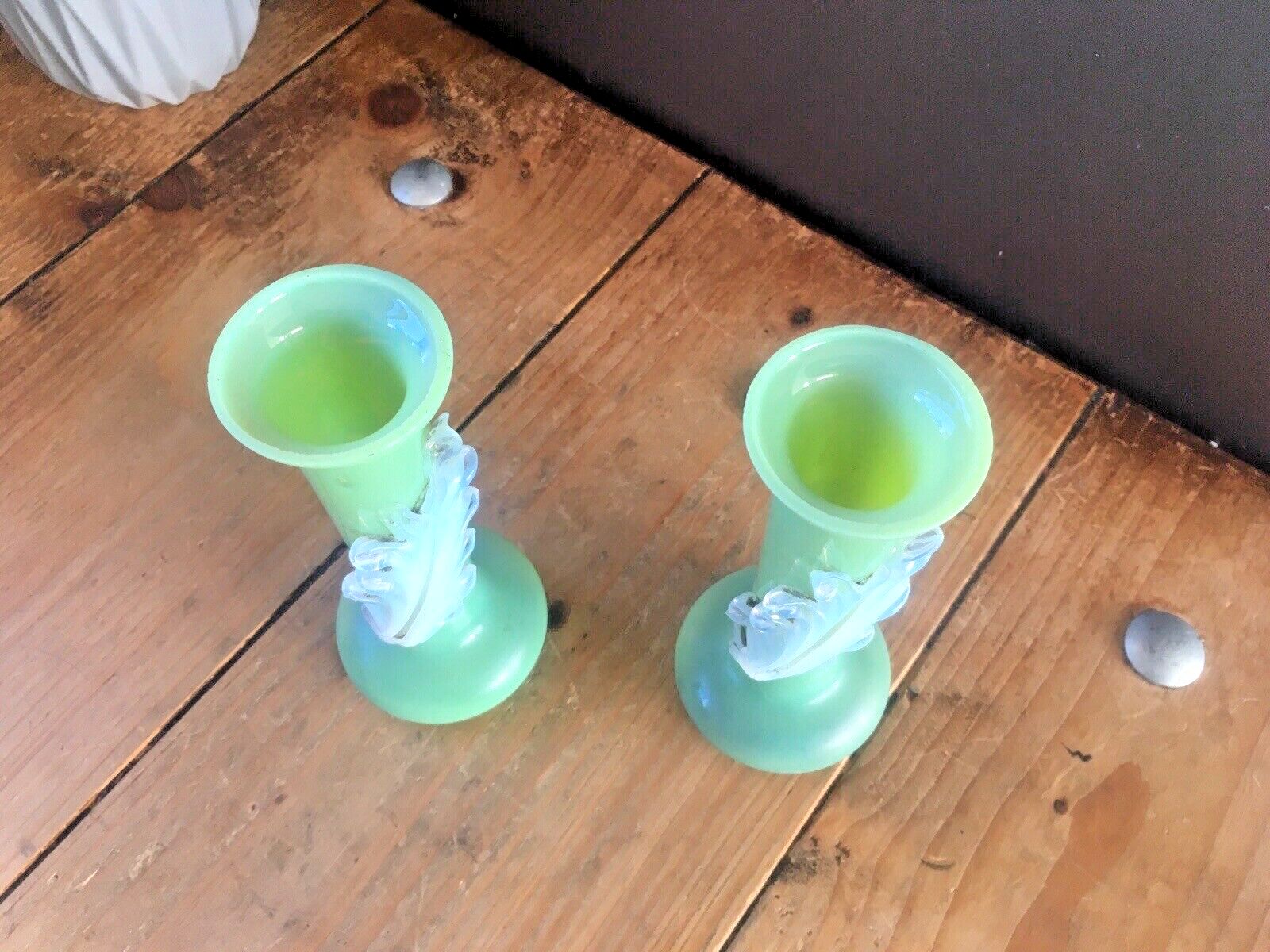 Pair Of Antique 19th C Bohemian Applied Vaseline Leaf Jade Glass Bud Vases Czech photo vinterior